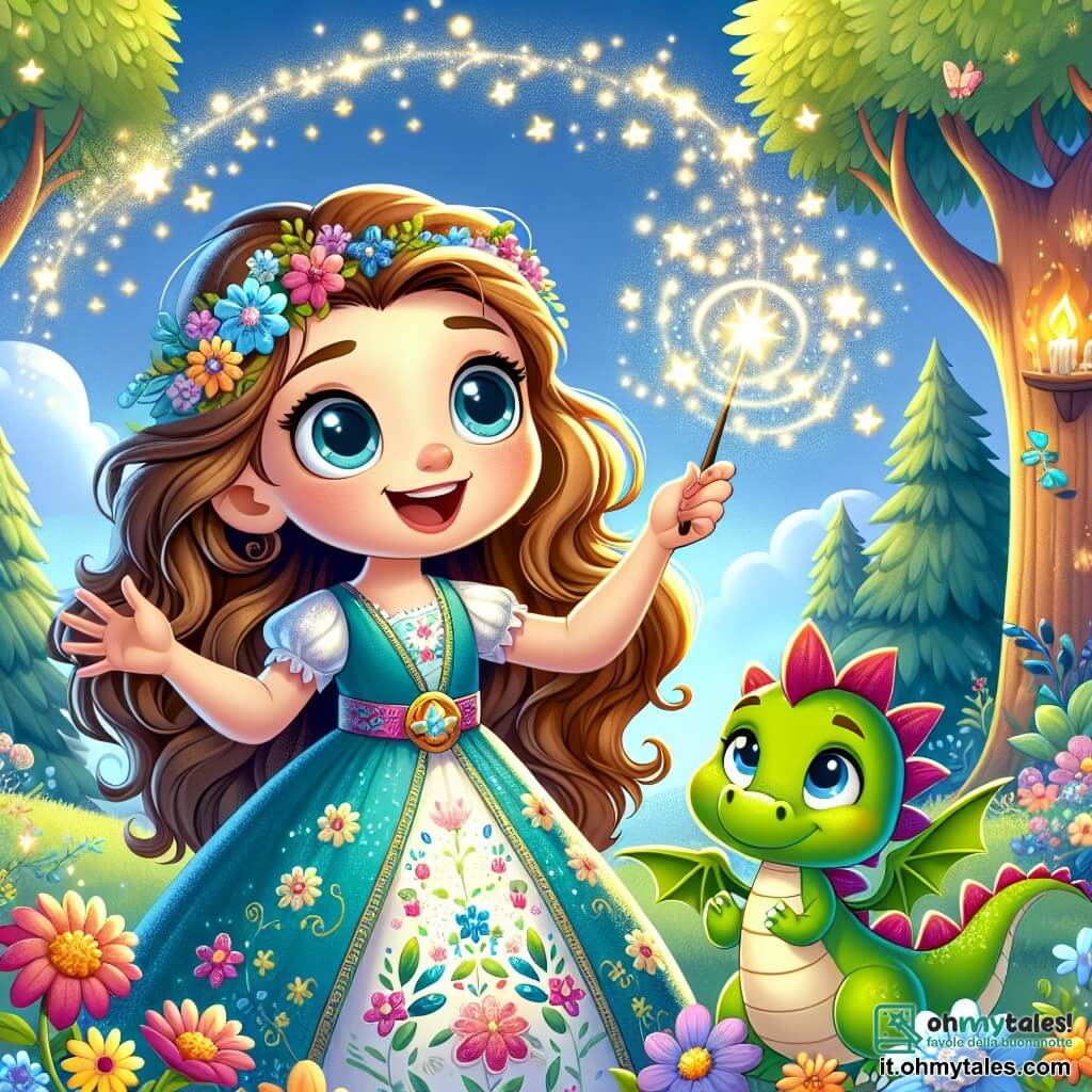 Al centro dell'immagine, Bella, una giovane strega di 10 anni, sorride meravigliata. Ha lunghi capelli ricci di un marrone dorato e indossa un vestito colorato decorato con motivi floreali e stelle. In una mano tiene un grande libro di magia con pagine illuminate, mentre con l'altra agita una bacchetta magica scintillante circondata da piccole scintille. Accanto a lei, Drago Verde, un drago amichevole di colore verde, è appoggiato a terra. Ha grandi squame brillanti e occhi dolci e maliziosi. Drago Verde guarda Bella con ammirazione, con le ali leggermente spiegate, pronto a volare al suo fianco. Il contesto è una radura incantata, circondata da alberi maestosi con foglie argentate che brillano al sole. Fiori colorati crescono ovunque e un dolce vento fa danzare i petali. Sullo sfondo, un cielo azzurro chiaro è punteggiato di nuvole soffici. La scena principale mostra Bella mentre esegue un'incantesimo magico, facendo sbocciare un campo di fiori multicolori intorno a lei, mentre Drago Verde la incoraggia con uno sguardo orgoglioso. L'atmosfera è gioiosa e piena di magia, catturando lo stupore di una giovane strega in piena avventura.