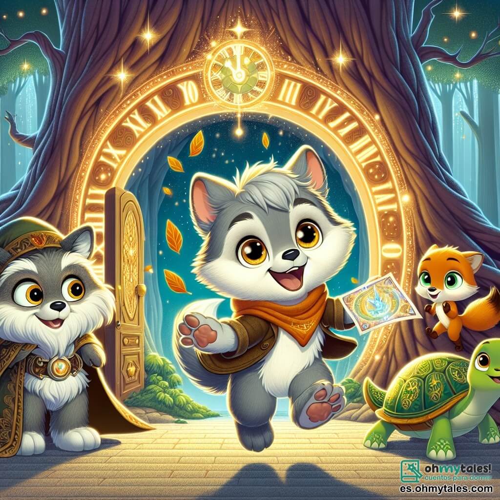 En el centro de la imagen, un pequeño lobo llamado Lulú, con un suave pelaje gris y ojos brillantes como estrellas, salta de alegría con una gran sonrisa en su rostro, sosteniendo una carta mágica entre sus patas. A su derecha, un astuto zorro llamado Zuri, con un brillante pelaje naranja y una cola esponjosa, observa emocionado, listo para activar la máquina del tiempo. A la izquierda, una sabia tortuga llamada Tula, con un caparazón verde adornado con patrones dorados, sonríe con benevolencia, sosteniendo hojas con sus patas delanteras. Al fondo, un gran árbol majestuoso con una puerta brillante en su base está rodeado de luces de colores que brillan como estrellas, mientras un pasaje luminoso se extiende hacia un salón mágico. La escena muestra el momento en que Lulú y sus amigos se preparan para entrar en la máquina del tiempo, ansiosos por comenzar su primera aventura para ayudar a los pájaros a construir sus nidos antes de una tormenta.