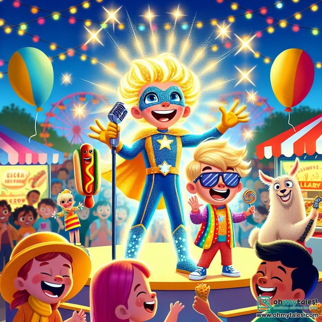 Glimmer, a superheroine with shiny hair and sparkling eyes, stands at the center of the scene, her hands glowing with a soft golden light. She beams with enthusiasm as she creates a dazzling light show around her. Next to her is Chuckles, a cheerful 10-year-old boy in a colorful polka-dot costume and a hotdog-shaped hat, laughing heartily while holding a microphone, ready to tell a hilarious joke. In the background, Larry, a young llama wearing sunglasses and a colorful scarf, joyfully dances, adding a comedic touch to the scene. The vibrant park is filled with families and laughing children, with colorful balloons floating in the blue sky. Food stalls and festive decorations surround the stage, creating a joyful and lively atmosphere. The main scene features Glimmer and Chuckles captivating the audience with their comedic performance, while Larry dances and entertains everyone, turning the festival into a true celebration of laughter and light.
