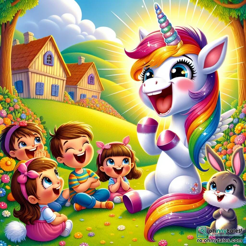 O unicornă veselă pe nume Lila, cu o coafură colorată ca un curcubeu și un corn strălucitor, stă în mijlocul scenei, râzând cu poftă. Ochii ei strălucesc de fericire în timp ce povestește o glumă unui grup de copii. Andrei, un băiat de 10 ani cu părul brun și ochi sclipitori, stă lângă ea, râzând din toată inima, cu un zâmbet larg care îi arată entuziasmul. Răzvan, un iepuraș cu urechi mari, este așezat pe iarbă, ascultând cu atenție, cu lăbuțele mici încrucișate și un zâmbet jucăuș pe față. Scena se desfășoară într-un sat fermecător și însorit, înconjurat de coline verzi și flori colorate, cu case din lemn cu obloane vopsite în culori vii. Copiii stau pe iarba moale, formând un cerc în jurul Lilei, creând o atmosferă caldă și veselă. Lila, unicornul, povestește o glumă amuzantă, iar toți copiii izbucnesc în râs, umplând aerul de bucurie și fericire, în timp ce soarele strălucește sus pe cerul albastru.