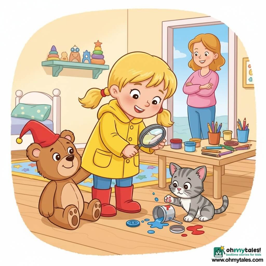 A smiling, focused 4-year-old girl with blonde pigtails, wearing a yellow coat and red boots, holds a small magnifying glass over a blue button on the floor; a brown teddy bear with a small red hat sits beside her looking happy; a curious gray-and-white tabby kitten sits by an overturned paint jar with blue and red splashes; a gentle-faced woman in her 30s stands in the background by a door, smiling with arms crossed; bright children's bedroom with light wood floor, star-patterned rug, art table with paint pots and scattered crayons, and a small toy shelf; scene: the girl inspects clues (blue button, paint traces), kitten near the spilled paint, bear adjusting its hat—warm, playful atmosphere with vivid colors and rounded shapes.