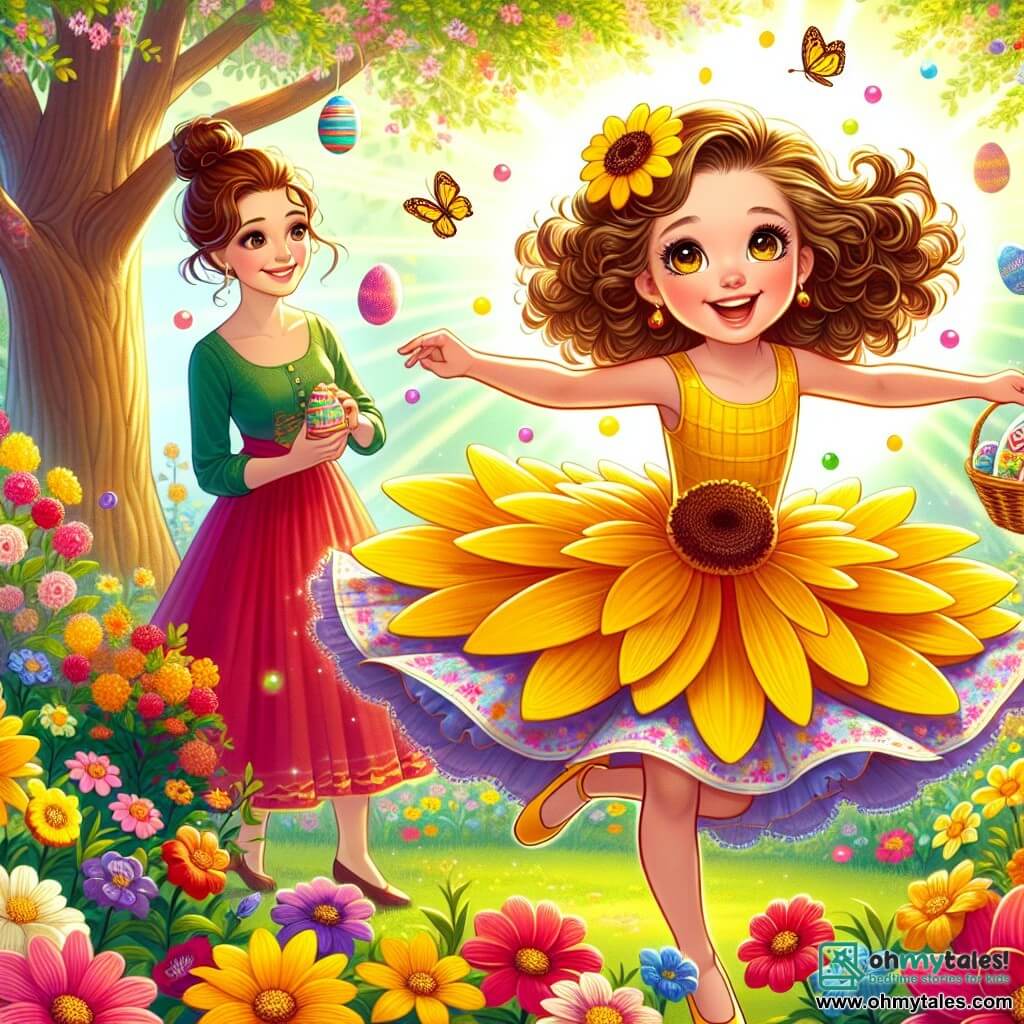 A 10-year-old girl named Lily, with big brown curls and sparkling joyful eyes, wears a yellow dress that twirls like a sunflower. She is dancing in a colorful garden, surrounded by vibrant flowers and floating balloons, her face radiating happiness. Beside her is her mother, a woman about 35 with brown hair tied in a bun, smiling while holding a basket filled with colorful Easter eggs. She stands slightly back, watching her daughter with pride and tenderness. The garden is a true living picture, with flowers of all colors, butterflies fluttering around, and a large oak tree at the center, decorated with multicolored ribbons. The scene shows Lily discovering a shiny egg hidden under a red tulip, her gaze amazed and curious, while sunlight illuminates the garden, creating a magical and joyful atmosphere.