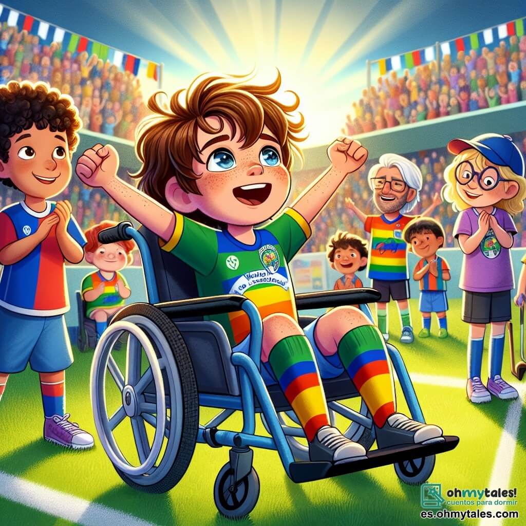Un chico de 11 años, Lucas, está sentado en su silla de ruedas, sonriendo ampliamente. Tiene el cabello castaño desordenado, ojos brillantes de alegría y lleva una camiseta de fútbol colorida con el logo de su equipo, "Los Guerreros del Arcoíris". Está celebrando un gol, levantando los brazos con entusiasmo. A su lado, una chica de 12 años, Sofía, tiene el cabello rizado y lleva una gorra de béisbol. Sonríe ampliamente, con los brazos cruzados, animando a Lucas. Otro chico, David, de 11 años, lleva gafas y una caña. Aplaude, mostrando su apoyo a Lucas y al equipo. La escena tiene lugar en un campo de fútbol soleado, rodeado de espectadores entusiastas. El césped es verde y bien cuidado, y hay banderines de colores ondeando, creando un ambiente festivo. La situación principal muestra a Lucas y sus amigos celebrando un gol decisivo en un torneo de fútbol inclusivo, ilustrando la alegría y el espíritu de equipo a pesar de los desafíos que han superado juntos.