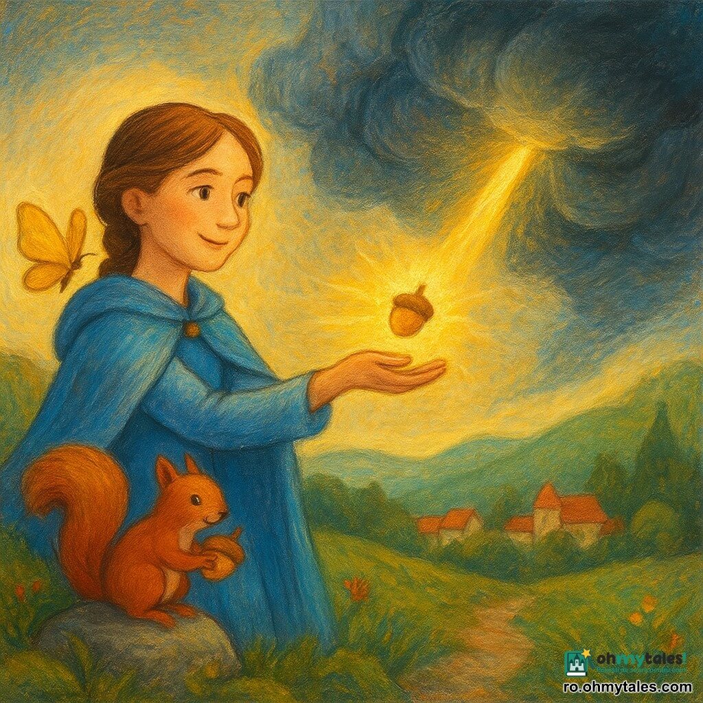 Ioana, zâmbitoare dar concentrată, cu chip blând și păr șaten prins în coadă împletită, poartă o rochie lungă albastră și o pelerină azurie; aruncă o ghindă mică spre un nor mare întunecat, brațul întins, în postură curajoasă. Un fluture auriu strălucitor zboară deasupra umărului ei drept ca un ghid luminos, iar o veveriță roșcată jucăușă ține o a doua ghindă în lăbuțe, cocoțată pe o piatră în stânga ei. Peisajul arată vârful unui drum de munte stâncos marginit de mușchi verde și flori sălbatice, în fundal un sat cu acoperișuri roșii și copaci verzi și un nor gri-albăstrui care începe să se deschidă; ghinda se transformă într-un fascicul de lumină aurie care străpunge norul și lasă să pătrundă raze calde, atmosferă de trezire și bucurie, culori calde contrastând cu tonurile reci ale norului, texturi moi și contururi rotunjite potrivite pentru copii.