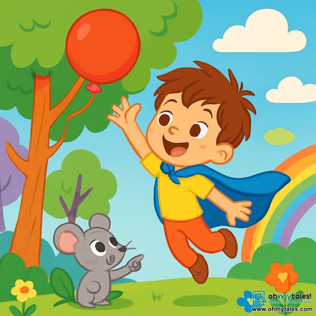 A young boy named Max, with a big joyful smile, wears a shiny blue cape that flutters in the wind. He has messy brown hair and sparkling eyes full of excitement. Max is jumping high in the air, reaching for a large red balloon stuck in a tree. Nearby, a small gray mouse with big curious eyes watches Max with admiration. It sits on a green leaf, pointing at the balloon, looking worried but hopeful. The setting is a fantastical world filled with colorful tree trunks, fluffy clouds, and a bright blue sky. Multicolored flowers dot the ground, and a rainbow shines in the distance. The main scene shows Max trying to rescue the red balloon stuck in the tree, while the little mouse enthusiastically encourages him, creating an energetic and friendly atmosphere.