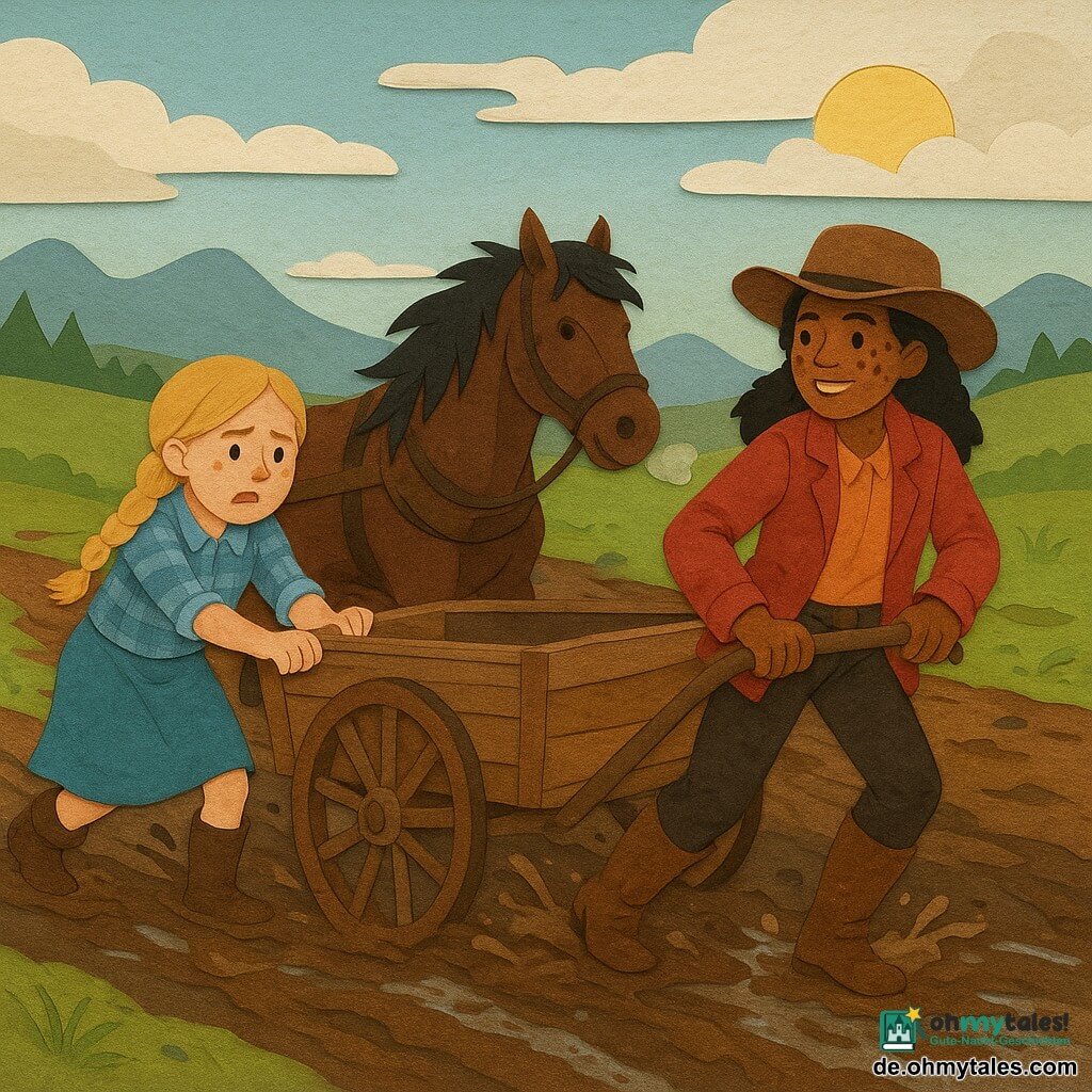 Die Cowgirl Mia, entschlossen und lächelnd, mit schlammfleckigem Gesicht, braunem Lederhut, abgenutzter roter Jacke und Lederstiefeln zieht eine schwere hölzerne Karre nach rechts; die etwa 9-jährige Ella, besorgt aber mutig, mit blonden geflochtenen Haaren und blauem Karohemd, schiebt leicht hinter Mia links; das kräftige Pferd Blitz mit zerzauster schwarzer Mähne stößt von hinten und bläst sichtbar; Szene auf einem schlammigen Wiesentrampelpfad nach Regen mit spiegelnden Pfützen und tiefen Fahrspuren, die drei kämpfen gemeinsam, mit energischen Bewegungen und aufspritzendem Schlamm, die warme Sonne bricht teilweise durch die Wolken.