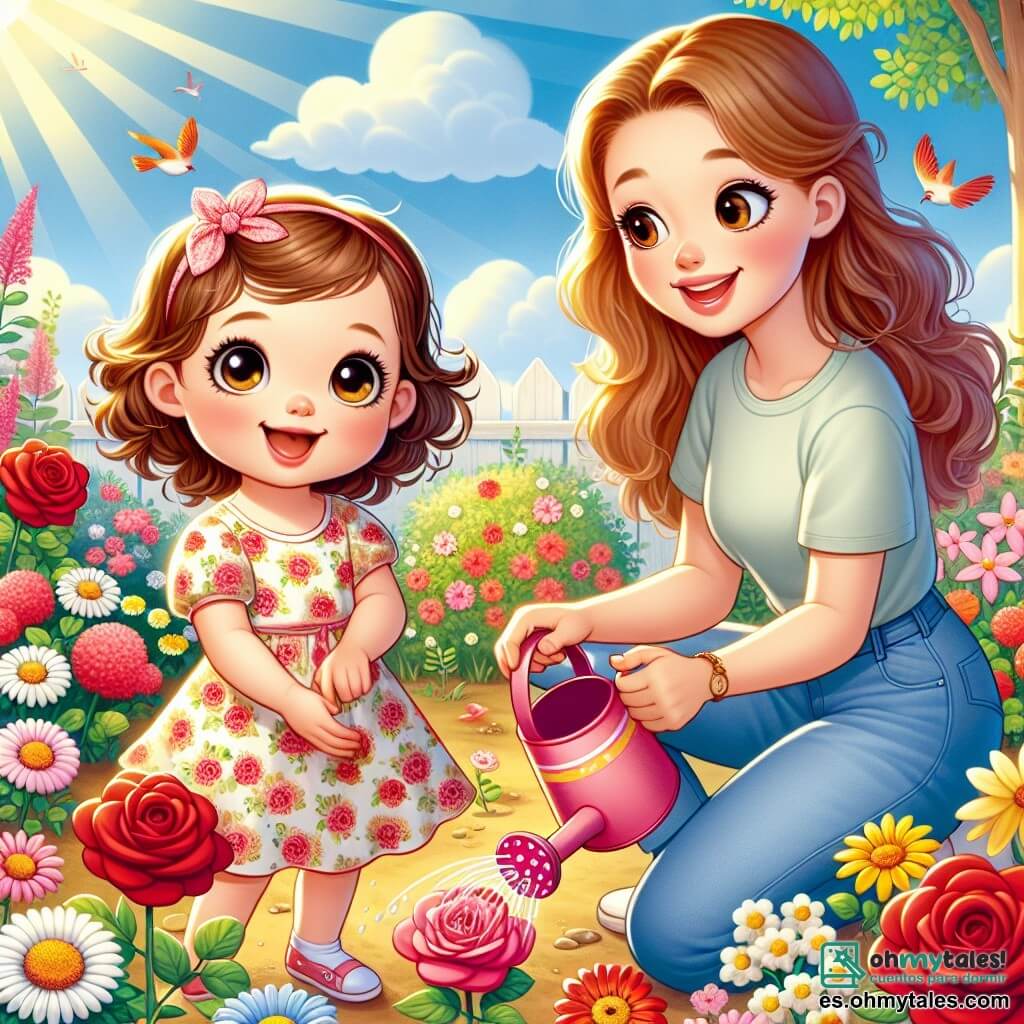 Una niña de 2 años, llamada Luna, con grandes ojos brillantes y cabello rizado castaño, está tocando flores coloridas en un jardín soleado. Lleva un vestido ligero con flores y muestra una gran sonrisa de alegría y asombro. Junto a ella, su mamá, una mujer de unos 30 años con cabello largo y liso atado en una coleta, está arrodillada, enseñándole a Luna a regar las plantas con una pequeña regadera rosa. Lleva una camiseta ligera y pantalones de mezclilla, sonriendo tiernamente a su hija. El jardín está lleno de flores brillantes: rosas rojas, margaritas blancas y tulipanes amarillos, bajo un cielo azul claro con algunas nubes blancas. Los pájaros cantan en los árboles, y el sol brilla, creando una atmósfera alegre y primaveral. La escena principal muestra a Luna y su mamá disfrutando de un hermoso día de primavera, cuidando las flores y compartiendo un momento de complicidad, rodeadas de la belleza de la naturaleza.