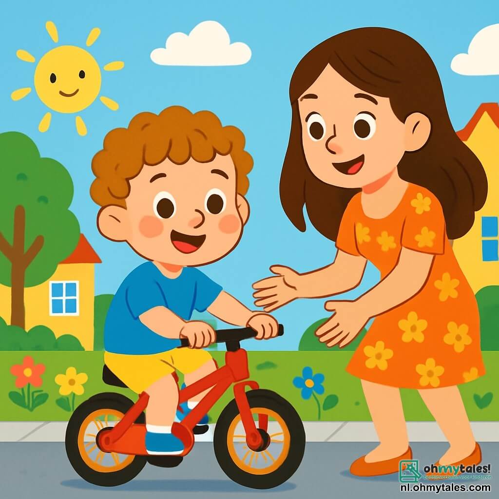 Een 4-jarig jongetje met krullend haar en roze wangen glimlacht trots. Hij draagt een felblauw T-shirt en een gele short, en zit op een kleine rode fiets, klaar om te trappen. Naast hem staat zijn moeder, een vrouw van rond de dertig met lang bruin haar, die hem aanmoedigt met een warme glimlach. Ze draagt een lichte bloemenjurk en staat naast hem, met de handen klaar om hem te ondersteunen. De scène speelt zich af op een rustige straat, omringd door groene bomen en kleurrijke huizen. De zon schijnt in een heldere blauwe lucht, en kleurrijke bloemen bloeien langs het trottoir. Het jongetje bereidt zich voor om voor het eerst te fietsen, met een uitdrukking van vastberadenheid en opwinding op zijn gezicht. Hij haalt diep adem, klaar om vooruit te gaan, terwijl zijn moeder hem met trots en aanmoediging observeert.