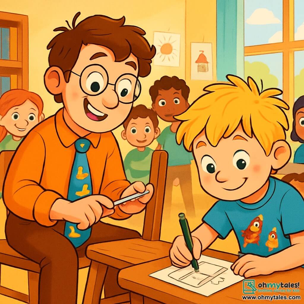 A cheerful male teacher, Mr. Jasper, wearing a blue tie decorated with dancing ducks, has slightly tousled brown hair and round glasses that give him a mischievous look. He is sitting on a wooden chair, holding a screwdriver, with an excited and curious expression on his face. Next to him, Max, an 8-year-old boy with messy blonde hair, is wearing a rocket-themed t-shirt and is leaning over a piece of paper, drawing a plan to fix the chair, with a focused smile. In the background, the bright classroom is filled with colorful books, drawings on the walls, and a large window letting in sunlight. The main scene depicts Mr. Jasper and Max solving the mystery of a squeaky chair, surrounded by curious classmates eager to join the adventure.
