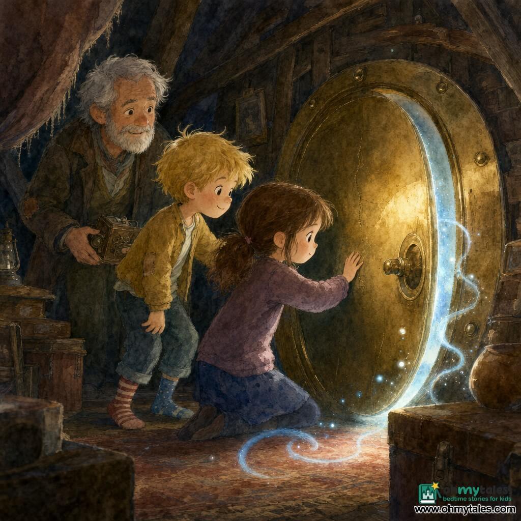 Six-year-old Maya, round-faced with brown pigtails and wide curious eyes, touches a small brass round door with her palm, awed and shy; six-year-old Leo, messy blond hair, mischievous grin and bright eyes, in mismatched socks stands just behind her with a hand on the handle, ready to enter. An old inventor (about 65) with gray hair, short beard, gentle eyes and a worn jacket with elbow patches watches from the workshop shadow holding a small mechanical box, benevolent. The dim, rain-lit attic has dark wooden beams, old boxes, a worn rug and a dusty curtain in which the brass round door is set; a pale blue ribbon of light coils along the floor. Maya and Leo have opened the door a millimeter and a halo of blue light swirls out with dust motes, creating a warm, magical atmosphere; visible details include golden reflections on the brass, wood grain, small paint cracks and biscuit crumbs on a nearby box.