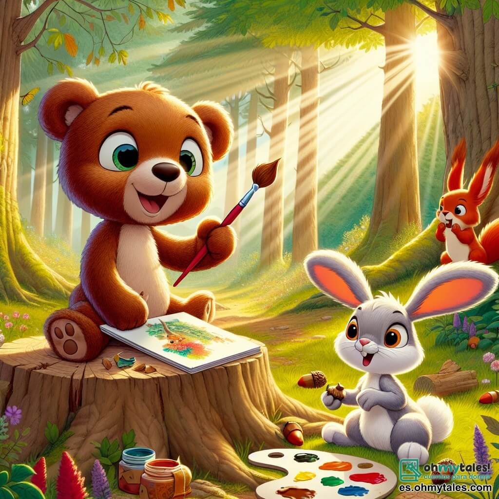 Un pequeño oso de peluche, con un suave pelaje marrón y ojos brillantes de curiosidad, está sentado sobre un tronco de árbol, sosteniendo un pincel en una pata y un cuaderno de bocetos en la otra. Sonríe ampliamente, lleno de entusiasmo, mientras pinta un paisaje colorido del bosque circundante. A su lado, una pequeña ardilla de pelaje rojo brillante, con ojos traviesos, observa con admiración a su amigo mientras come una avellana. Parece alegre y emocionada, lista para unirse a la aventura artística. Un poco más lejos, un conejo blanco con grandes orejas, con un aire concentrado, intenta mezclar colores en una paleta improvisada, mostrando una expresión de determinación. El lugar es una hermosa claridad soleada, rodeada de majestuosos árboles de hojas verdes brillantes, con flores silvestres de colores que bailan al viento. Rayos de sol filtran a través de las ramas, creando patrones luminosos en el suelo. La situación principal muestra a los tres amigos creando juntos una obra de arte inspirada en la belleza de la naturaleza que los rodea, compartiendo risas y momentos de complicidad en este entorno encantador.