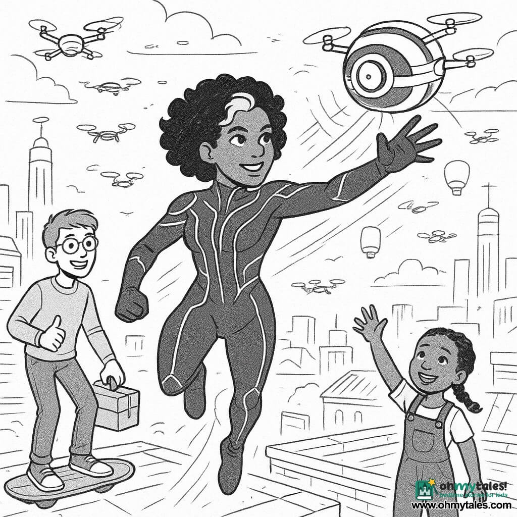 Heroine Nova Pulse, smiling but focused, curly black hair with a white streak, in a dark blue fitted suit with glowing silver lines, jumps from a rooftop toward a yellow-striped leader drone, arm outstretched and determined; a 14-year-old boy, Echo, with short hair and round glasses, stands on a hoverboard at left holding a small toolbox, enthusiastic and watching Nova; a smiling ~7-year-old girl with braided hair stands below on a repaired terrace waving to the sky; nighttime city rooftops and stylized towers, floating lantern beacons, low clouds and swarming drones form the background; dynamic high-altitude action as Nova reprograms the drone amid small drone swarms, light beams and graphic waves of dissipating interference; style: fine ink lines, strong contrasts, hatched sky textures, detailed costumes and drone mechanics, composition focused on movement and teamwork.