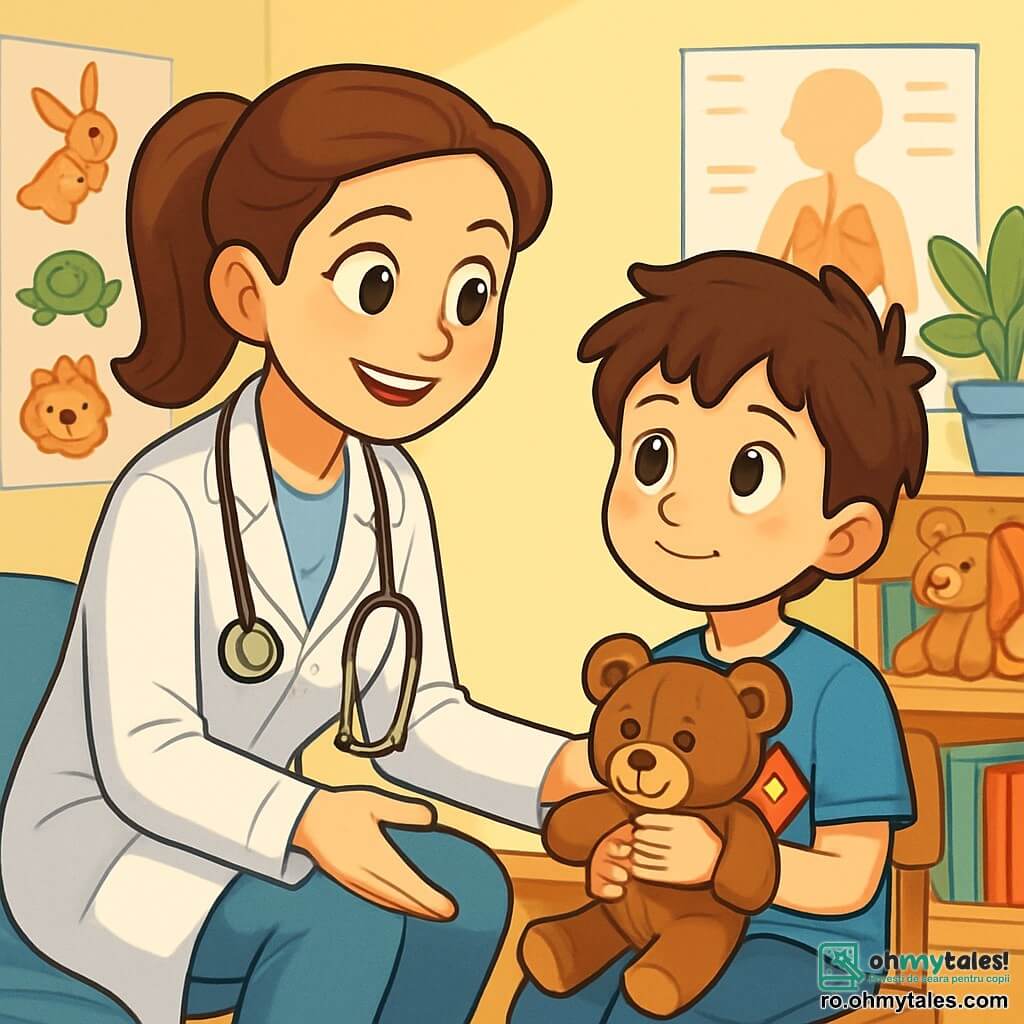 O medică, doctora Ana, este reprezentată cu un zâmbet cald și ochi strălucitori de bunătate. Are părul castaniu, prins într-o coadă de cal îngrijită, și poartă un halat alb impecabil cu un stetoscop la gât. Este așezată lângă un băiat de 8 ani, Radu, care are ochi mari și curioși, ținând strâns un ursuleț de pluș. Radu are părul castaniu în dezordine și poartă un tricou albastru cu motive de supereroi. Cabinetul medical este luminos și primitor, cu pereți vopsiți în galben pastel, decorați cu desene colorate de animale și postere educaționale. Biroul din lemn deschis este plin de jucării de pluș și cărți pentru copii. Situația principală o arată pe doctora Ana explicându-i lui Radu cum să aibă grijă de el, încurajându-l cu blândețe. Radu ascultă cu atenție, un zâmbet ușor începând să apară pe fața lui, în timp ce un sentiment de siguranță și confort îl cuprinde.