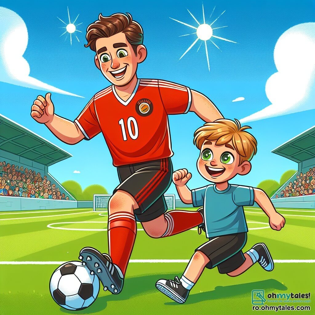 Un bărbat, Radu, un jucător profesionist de fotbal, este în centrul imaginii. Are părul brun și scurt, poartă un tricou roșu aprins cu numărul 10 și zâmbește cu bucurie și entuziasm. Driblează o minge de fotbal pe teren, cu picioarele în mișcare rapidă, arătându-și pasiunea pentru joc. Lângă el, un băiat de 8 ani pe nume Alex, cu părul blond și ochi strălucitori, îl privește pe Radu cu admirație. Ține o minge de fotbal mică în mâini și poartă un tricou albastru și șort negru. Alex este ușor în retragere, pregătit să încerce să lovească mingea, cu fața plină de entuziasm. Scena are loc pe un teren de fotbal verde, înconjurat de tribună plină de spectatori veseli. Cerul este albastru cu câteva nori albi, iar soarele strălucește, creând o atmosferă caldă și dinamică. Situația principală arată cum Radu îi învață pe Alex să joace fotbal, cu gesturi încurajatoare și râsete, simbolizând transmiterea pasiunii și prieteniei între cei doi.