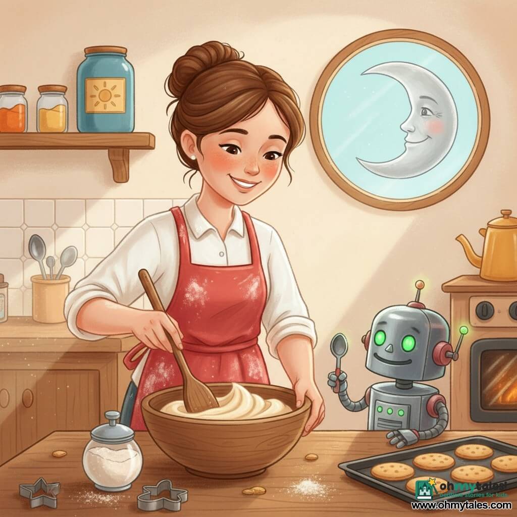 A smiling gentle female chef with brown hair in a bun and a flour-stained red apron stirs a creamy bowl on a wooden table with a large wooden spoon while a small shiny robot named Bleep, silver with green lights and a small spoon for a hand, blinks at the bowl to her right at table height; a friendly smiling moon peeks through a round window upper-right, softly lighting the cozy kitchen with cream walls, a wooden shelf, a large blue flour jar and morning sun rays on the counter; on the table are heart- and star-shaped cookie cutters and a tray of golden cookies near the oven—the woman slowly stirs vanilla dough as the robot watches and offers a spoon, the scene feeling sweet and convivial with warm colors and soft contrasts.