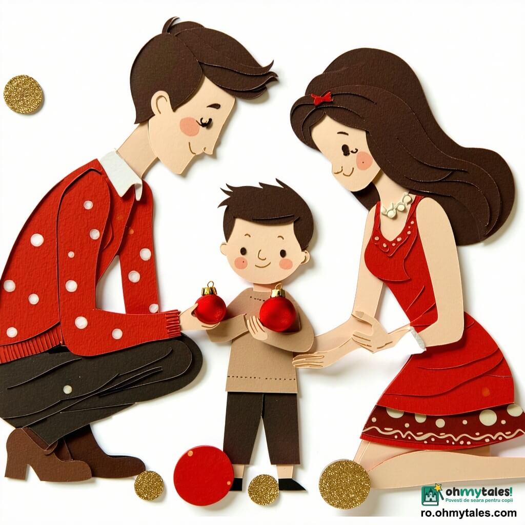 Băiat de 4 ani cu păr brun scurt și zâmbet timid ține o globuleț roșu cu grijă; mama (~30 ani) cu păr șaten lung și rochie cu buline, aplecată, îl ajută să prindă o etichetă aurie; tatăl (~35 ani) cu pulover verde și barbă scurtă ține o cutie cu ghirlande pregătit să întindă una; bunica (~68 ani) cu păr cenușiu strâns în coc și ochelari tricotează o eșarfă roșie și privește cu tandrețe; sufrageria e caldă, cu lampă galbenă, masă din lemn cu față de masă roșie, ferestre cu perdele albe și ghirlande de hârtie, pe masă prăjituri și un bol cu portocale; afară se văd artificii colorate pe cer; scenă: moment familial de decorare și împărtășire de Anul Nou, lumină blândă, culori vii (roșu, verde, auriu).