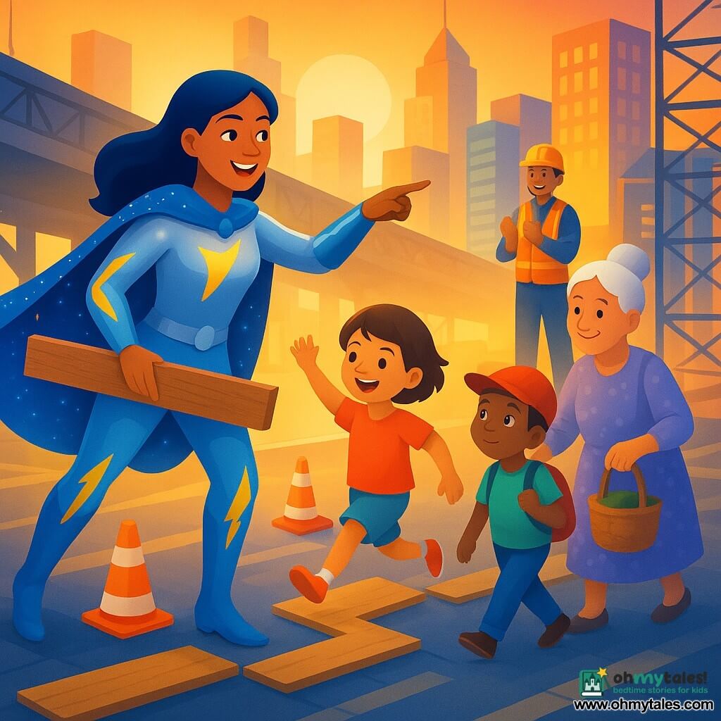 Energetic smiling heroine in a silver-and-blue suit with yellow lightning accents and a sparkling cape holds a wide wooden plank and points the way as she creates a zigzag safe passage of planks and bright orange cones on a large bridge under construction at golden dusk; an 8-year-old girl with short hair and colorful clothes jumps along the zigzag following light cones, a 7-year-old boy in a red cap and small backpack walks carefully toward the heroine, and a 70-year-old grandmother with gray hair in a bun and a patterned dress crosses with a shopping basket while supported by the heroine; a construction worker in his thirties with an orange helmet smiles and applauds from the scaffolding amid colorful city skyscrapers—joyful, dynamic scene with vivid colors, strong contrast, smooth shiny textures, composition centered on the heroine.