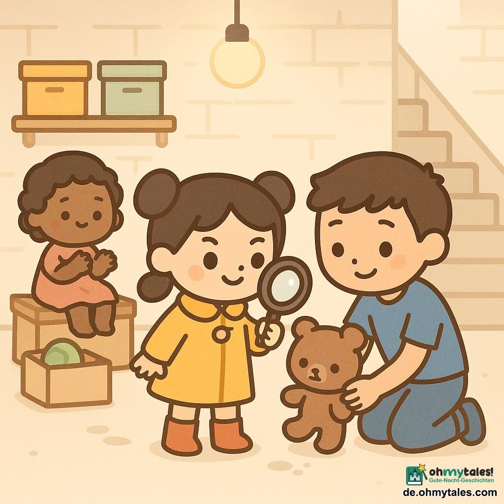 Luisa, 6 Jahre alt, rundes Gesicht, leuchtende Augen, entschlossener fröhlicher Ausdruck, zwei Zöpfe, gelber Mantel, rote Stiefel, hält eine runde Lupe und betrachtet einen kleinen braunen Teddybären; Tom, 11, großer Bruder, schüchternes Lächeln, schuldbewusster Blick, blaues T‑Shirt und Jeans, hockt rechts neben Luisa und hält vorsichtig denselben Teddybären; Mia, 3, kleine Schwester, kurze lockige Haare, rosa Kleid, sitzt hinten links auf einer Spielzeugkiste und klatscht leise; Ort: heller sauberer Keller mit hellen Backsteinwänden, Holzregal mit bunten Kisten, sichtbarer Betontreppe hinten und einer hängenden Lampe mit warmem Licht; Szene: Luisa entdeckt, dass Tom Versteckspiel mit dem Teddy spielt, zärtlich-verspielte Haltung, kleine Fußspuren, Atmosphäre einer sanften, beruhigenden Untersuchung.