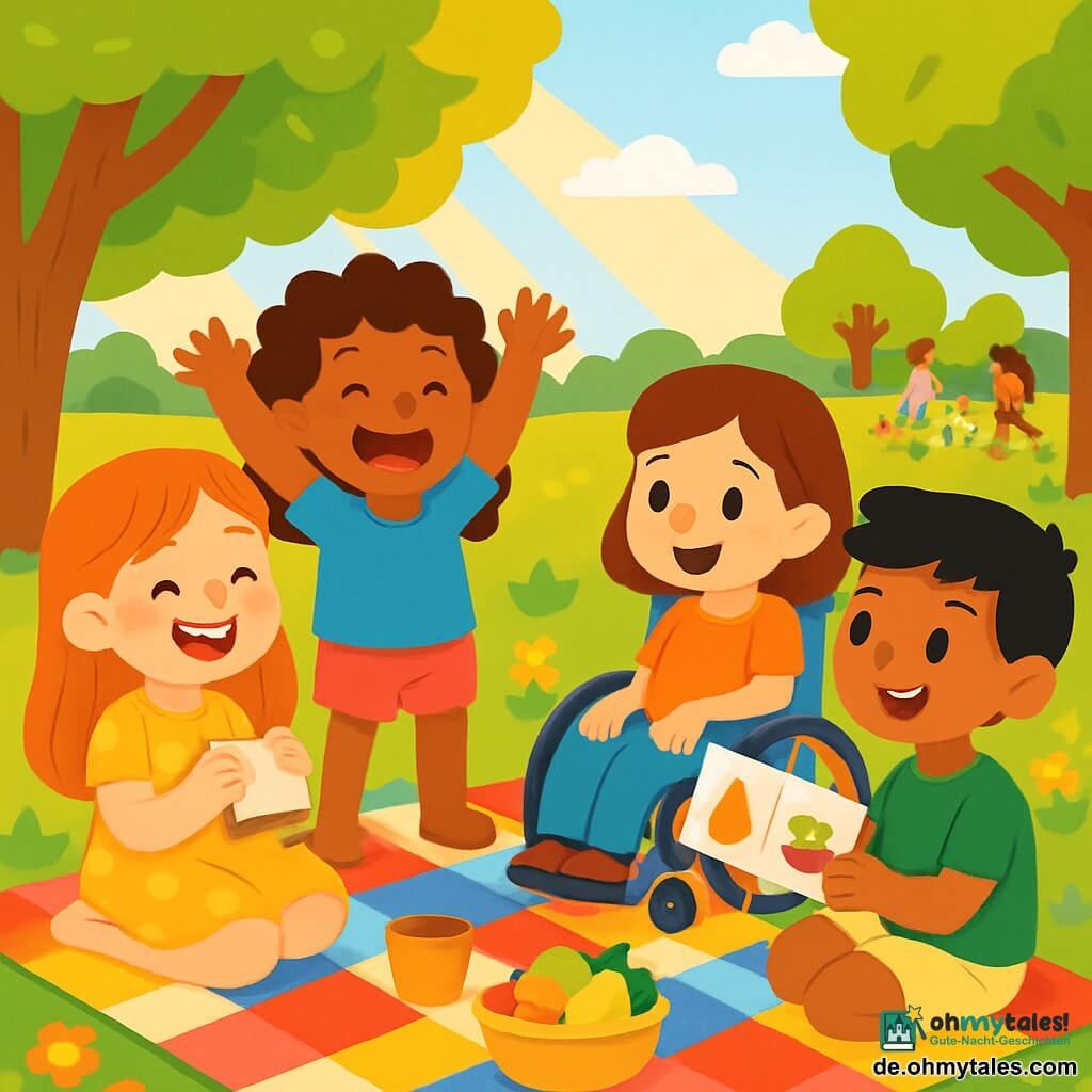 Es gibt vier Kinder: - Emma: ein 8-jähriges Mädchen mit langen roten Haaren und Sommersprossen. Sie trägt ein gelbes Kleid mit Punkten und lächelt fröhlich. Sie sitzt auf einer Picknickdecke und hält ein Sandwich in den Händen. - Sophie: ein 7-jähriges Mädchen mit lockigen braunen Haaren und heller Haut. Sie trägt ein blaues T-Shirt und eine rosa Shorts. Sie steht neben Emma, lacht und hebt die Arme in die Luft. - Mia: ein 8-jähriges Mädchen mit kastanienbraunen Haaren und heller Haut. Sie sitzt in einem kleinen blauen Rollstuhl, umgeben von bunten Decken. Sie lächelt und schaut ihre Freundinnen mit funkelnden Augen an. - Luis: ein 9-jähriger Junge mit schwarzen Haaren und dunkler Haut. Er trägt ein grünes T-Shirt und eine beigefarbene Shorts. Er sitzt gegenüber von Mia und zeigt ihr mit einem breiten Lächeln spanische Wörter. Die Hauptsituation spielt in einem sonnigen Park, der mit bunten Blumen und grünen Bäumen gefüllt ist. Sonnenstrahlen filtern durch die Blätter und schaffen tanzende Schatten auf dem Gras. In der Ferne sind Kinder zu sehen, die Fußball spielen, und Familien, die unter anderen Bäumen picknicken. Die Hauptsituation der Geschichte zeigt die vier Kinder, die ein fröhliches Picknick teilen, spanische Wörter lernen und zusammen spielen. Sie lachen und haben Spaß, was die Freundschaft und Toleranz untereinander trotz ihrer Unterschiede veranschaulicht. Die leuchtenden Farben der Kleidung und Blumen verleihen der Szene eine fröhliche und einladende Atmosphäre.