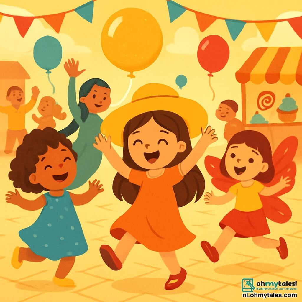 Er zijn 4 kinderen: - Lina: een meisje van 6 jaar, met lang bruin haar en een grote gele hoed. Ze danst vrolijk in het midden van de afbeelding, met haar armen omhoog. - Noor: een meisje van 5 jaar, in een mooie blauwe jurk met krullend haar. Ze draait rond links van Lina, met een grote glimlach op haar gezicht. - Mila: een meisje van 7 jaar, met glanzende rode vleugels en steil haar. Ze springt rechts van Lina, met haar armen open alsof ze vliegt. - Yara: een meisje van 6 jaar, met een lange groene staart en gevlochten haar. Ze staat achter Lina, haar hand opheffend om de grote, glinsterende ballon die boven hen zweeft te groeten. De locatie is een levendig plein, versierd met kleurrijke slingers en zwevende ballonnen. De vloer is geplaveid met stenen en in de achtergrond zijn eetkraampjes met kleurrijke lekkernijen zichtbaar. Mensen dansen en hebben plezier om hen heen, wat een feestelijke sfeer creëert. De belangrijkste situatie toont de kinderen die samen dansen, lachend en zingend, omringd door felle kleuren en muziek, terwijl ze het carnaval vieren met stralende glimlachen.