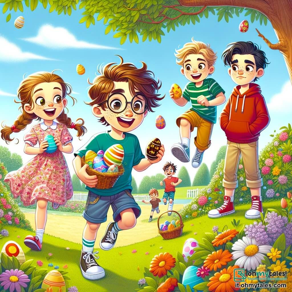 In un parco soleggiato, quattro amici sono riuniti per una caccia alle uova di Pasqua. Luca, un ragazzo di otto anni con capelli castani e un grande sorriso, indossa una maglietta blu e pantaloni gialli, saltando di gioia con un uovo di cioccolato in mano. Giulia, una ragazza di otto anni con lunghi capelli biondi e occhiali rotondi, indossa un vestito rosa a fiori e si piega per raccogliere un uovo nascosto dietro un albero. Marco, un ragazzo di otto anni con capelli neri e lentiggini, è vestito con una maglietta verde e pantaloni beige, e corre verso i suoi amici ridendo con un uovo colorato in mano. Samuele, un ragazzo di otto anni con capelli castani e un sorriso caloroso, indossa una felpa rossa e jeans, osservando i suoi amici con uno sguardo felice. Il parco è pieno di fiori colorati, alberi maestosi e risate di bambini. Il cielo è blu brillante con alcune nuvole bianche. Al centro di questa scena gioiosa, gli amici danzano e saltano come piccoli conigli, cercando uova nascoste e divertendosi insieme.