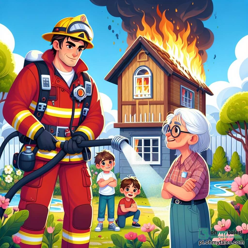Um bombeiro chamado João, forte e corajoso, veste um uniforme vermelho brilhante e um capacete. Seu rosto expressa determinação enquanto usa uma mangueira grande para apagar um incêndio. Ao seu lado, Dona Maria, uma mulher idosa de cerca de 70 anos, com cabelos grisalhos e óculos, observa com preocupação, de braços cruzados, diante de sua casa em chamas. Um menino chamado Lucas, de 8 anos, com cabelos castanhos e olhos brilhantes, assiste à cena com admiração, sonhando em se tornar bombeiro também. A cena ocorre diante de uma casa de madeira, com o telhado pegando fogo, cercada por jardins floridos e árvores verdes. A fumaça sobe no céu azul, enquanto crianças curiosas se mantêm à distância, observando com fascinação. A situação principal mostra João lutando contra o fogo com coragem, enquanto Dona Maria expressa alívio e Lucas sonha em se tornar um herói como ele.