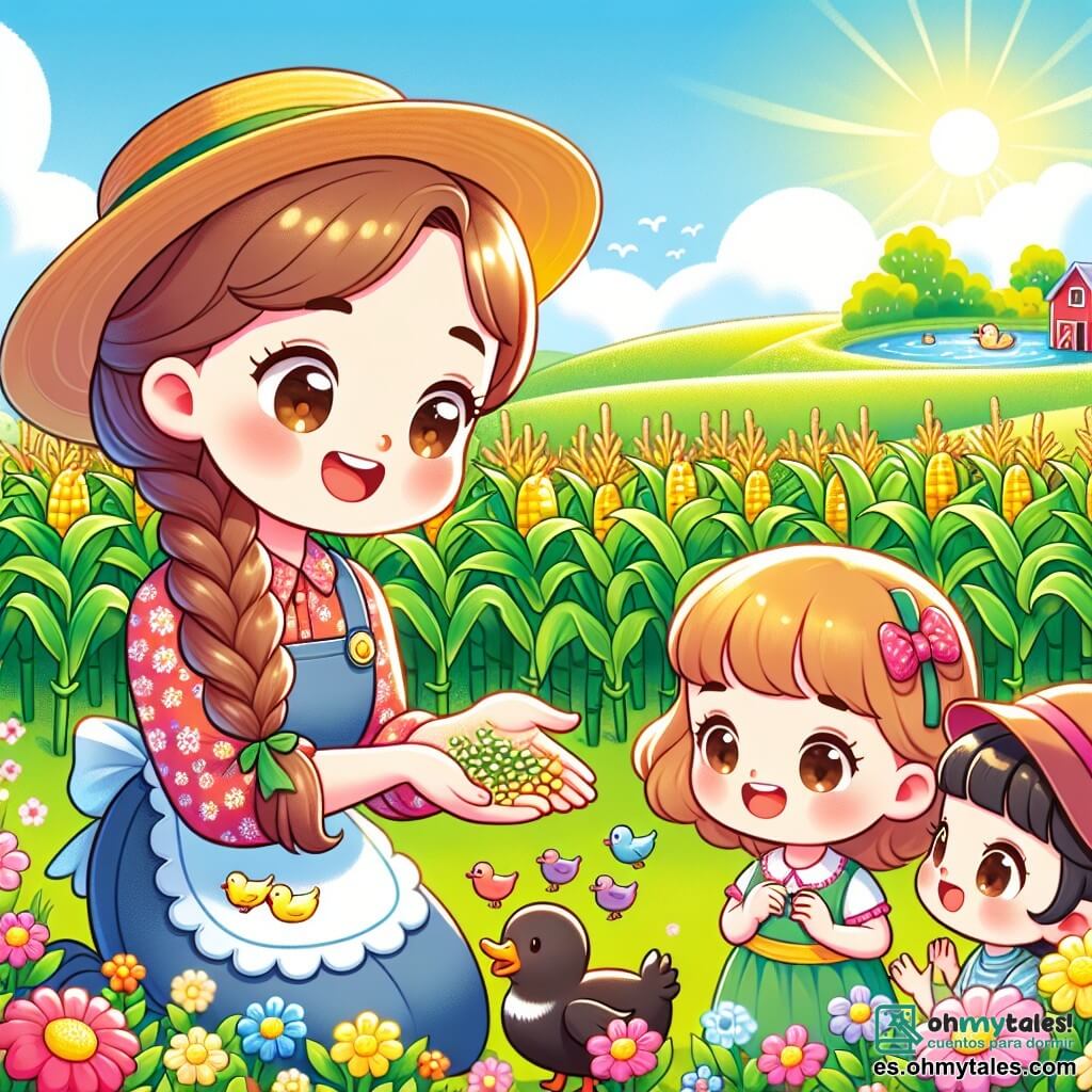 Clara, una agricultora sonriente de unos treinta años, lleva un vestido de flores y un sombrero de paja, y muestra con entusiasmo semillas de maíz a los niños. Sus ojos brillan de alegría y tiene el cabello castaño recogido en una bonita trenza. Junto a ella, una niña de unos 7 años con un vestido rojo y trenzas mira las semillas con asombro. Un niño de 8 años, con una gorra azul, se acerca a una vaca negra y suave, a la que acaricia con una gran sonrisa. La escena transcurre en un campo verde, bañado por un sol radiante, rodeado de flores coloridas y altas plantas de maíz que se mueven suavemente con el viento. Al fondo, se ve un bonito estanque donde los patos nadan tranquilamente. Clara explica a los niños cómo las pequeñas semillas pueden convertirse en grandes plantas, mientras ríen y disfrutan descubriendo la magia de la granja.