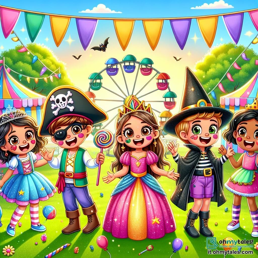 In un parco soleggiato, quattro bambini si divertono insieme. Leo, un ragazzo di 8 anni con capelli castani e occhi brillanti, indossa un costume da pirata con un grande cappello e una spada di plastica. È al centro, sorridente, con una maschera colorata che brilla. Alla sua sinistra, Mia, una ragazza di 7 anni, è travestita da principessa con un vestito rosa scintillante e una corona dorata, alza le braccia ridendo. A destra, Giulia, una bambina di 6 anni, indossa un costume da maghetta con un mantello nero e un cappello a punta, fa gesti magici con una bacchetta. Infine, Marco, un ragazzo di 7 anni, vestito da clown con un naso rosso e abiti multicolori, gioca felice con dei palloni. 

Il parco è decorato con festoni colorati, palloni fluttuanti e stand di dolci, creando un'atmosfera festosa e gioiosa. Sullo sfondo, una grande ruota panoramica colorata gira lentamente, aggiungendo magia al carnevale. 

I bambini si preparano a salire su una bellissima giostra magica, circondati da risate e musica, mentre coriandoli cadono dolcemente attorno a loro, rendendo questo momento ancora più incantevole.