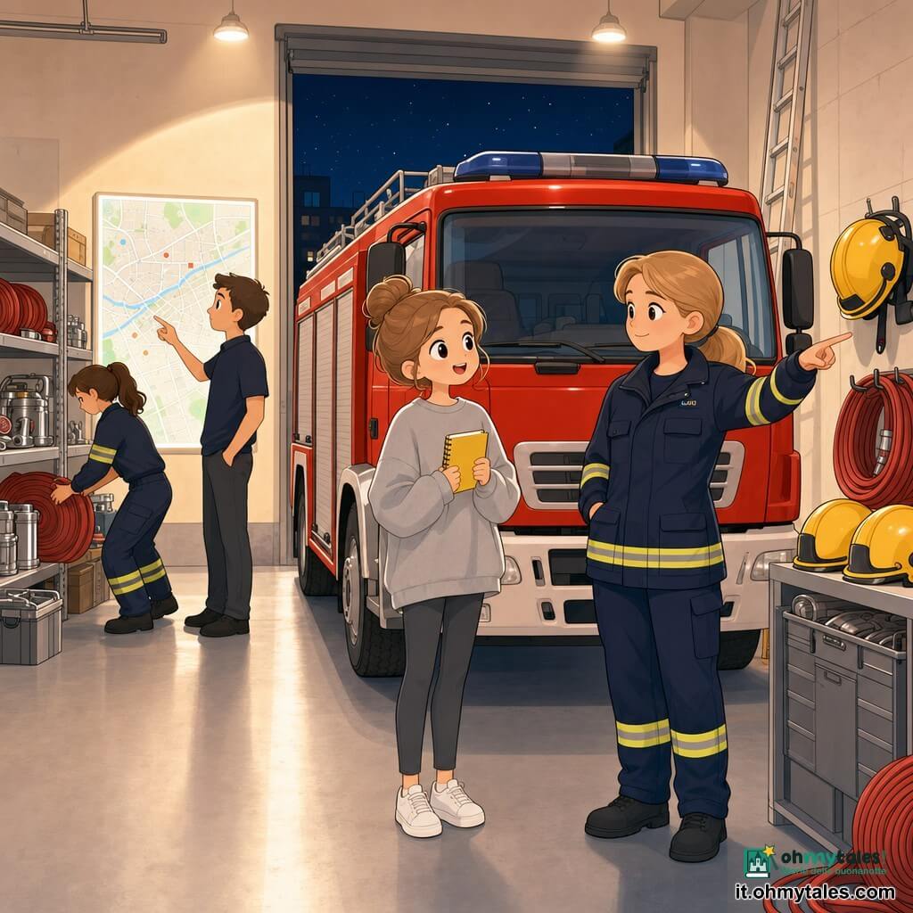 Donna 22 anni, volto curioso e sorridente, occhi brillanti, grande felpa grigia e sneakers bianche, tiene un piccolo taccuino giallo davanti a un brillante camion dei pompieri rosso; donna circa 38 anni, caposquadra Martina, espressione calma e sicura, divisa da pompiere blu scuro con bande riflettenti, indica un elmetto giallo appeso al muro a destra del camion; uomo circa 30 anni, operatore radio concentrato, camicia semplice, guarda una grande mappa illuminata appesa al muro; due pompieri secondari (uomo e donna) sullo sfondo piegano lance rosse e controllano attrezzi metallici su uno scaffale; interno della caserma: grande garage, muri in cemento chiaro, pavimento liscio e pulito, illuminazione calda, elmetto giallo, manichette rosse arrotolate, armadio metallico, scala appoggiata al muro; situazione principale: notte tranquilla di orientamento, la giovane osserva stupita i pompieri organizzati intorno al camion rosso, atmosfera ordinata e rassicurante, colori vivaci e forme semplici in stile kawaii minimal.