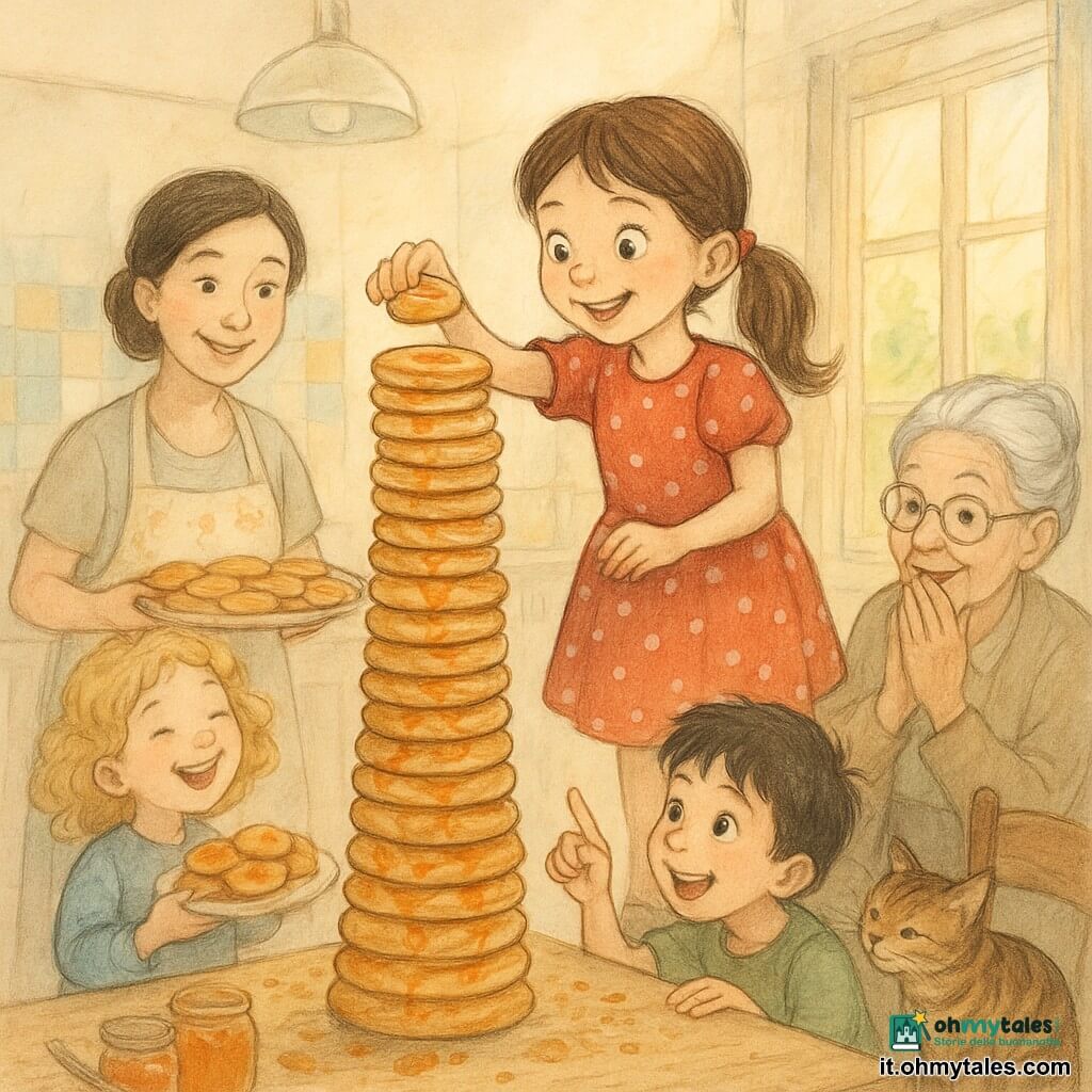 Una bambina di circa 8 anni, occhi vivaci e sorriso malizioso, capelli castani in code, in abito rosso a pois in piedi su uno sgabello mentre posa l'ultimo grande biscotto in cima a una torre a spirale di biscotti un po' traballante ma stabile, mani appiccicose di marmellata; la cugina Lara di circa 6 anni, bionda e riccia, con camicetta blu, ride tenendo un piatto di biscotti a sinistra; il fratellino Giò di circa 5 anni, capelli neri arruffati e maglietta verde, conta gli strati accovacciato davanti al tavolo; la mamma, circa 35 anni, capelli raccolti e grembiule a fiori, sorride tenendo una teglia di biscotti caldi dietro la bambina; la nonna di circa 70 anni, capelli grigi in chignon e occhiali rotondi, seduta a destra con la mano vicino alla bocca e uno sguardo tenero; il gatto tigrato Tito sul tavolo annusa i biscotti; cucina luminosa e accogliente con tavolo di legno chiaro coperto di briciole, vasetti di marmellata aperti, piastrelle colorate e raggi di sole dalla finestra; atmosfera gioiosa e complice, dettagli di marmellata lucente sui biscotti.