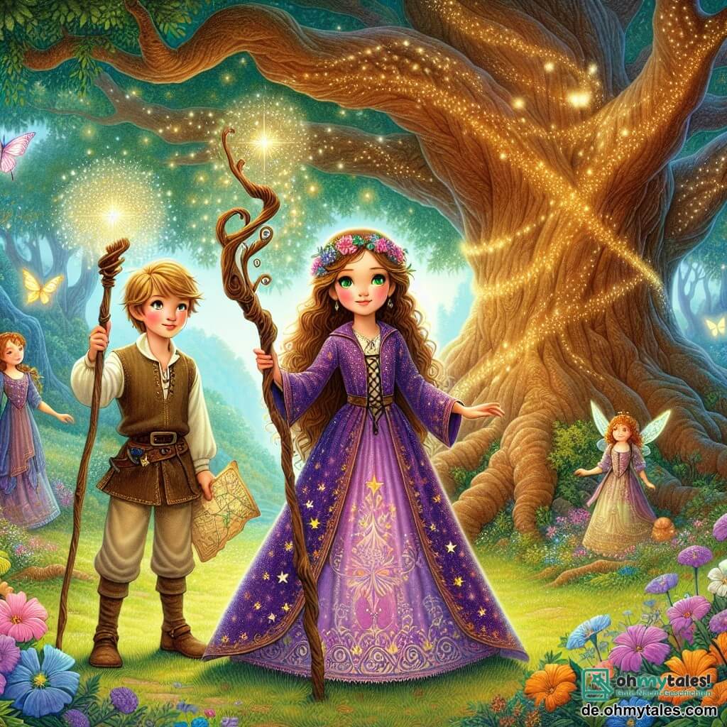 Im Mittelpunkt des Bildes steht ein 11-jähriges Mädchen namens Lila, eine angehende Hexe, mit einem entschlossenen und bewundernden Blick. Sie hat lange, hellbraune Haare, leuchtend grüne Augen und trägt ein lila Hexenkleid, das mit funkelnden Sternen verziert ist. In ihrer Hand hält sie einen wunderschönen Holzhexenstab, der mit goldenen Blättern geschmückt ist, während ein sanftes Licht von ihrem Stab ihr Gesicht erhellt. An ihrer Seite steht ein etwa 12-jähriger Junge namens Finn, mit zerzausten blonden Haaren und funkelnden blauen Augen, der Lila bewundernd ansieht. Er trägt eine schlichte Tunika und eine Stoffhose und hält eine alte Karte in den Händen, die ihren Weg durch die geheimnisvolle Landschaft zeigt. Im Hintergrund ist eine wunderschöne verzauberte Lichtung zu sehen, umgeben von großen, knorrigen Bäumen mit schimmernden Blättern. Ein großer, alter Baum, das Herz des Ortes, erhebt sich majestätisch, seine Äste ausgebreitet wie schützende Arme. Bunte Blumen und magische Kreaturen, wie funkelnde Feen, tanzen um sie herum und verleihen der Szene einen Hauch von Magie. Die Hauptsituation zeigt Lila und Finn, die sich darauf vorbereiten, der bösen Hexe zu begegnen, mit einer Mischung aus Aufregung und Besorgnis auf ihren Gesichtern. Lila, voller Mut, ist bereit, ihre Magie einzusetzen, während Finn an ihrer Seite die Karte zeigt, um ihren Weg zur Konfrontation zu finden.