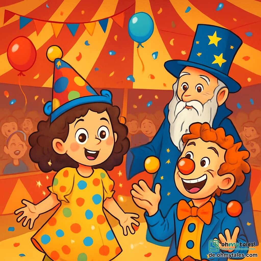 Ein 8-jähriges Mädchen, Lotte, mit großen, leuchtenden Augen und lockigem Haar trägt ein bunt gepunktetes Kleid und einen Clownshut. Sie ist überrascht und fröhlich, steht im Mittelpunkt der Bühne, umgeben von funkelnden Lichtern. Neben ihr lacht der schelmische Clown, ein Mann in seinen Dreißigern mit einer roten Nase und zerzausten Haaren, während er mit bunten Bällen jongliert. Im Hintergrund beobachtet der Zauberer Zampano, ein älterer Mann mit einem langen weißen Bart und einem glitzernden Anzug, mit einem wohlwollenden Lächeln. Der Ort ist ein großes Zirkuszelt mit roten und weißen Streifen, gefüllt mit begeisterten Zuschauern. Luftballons schweben und Konfetti fällt sanft. Die Hauptsituation zeigt Lotte, die etwas zögerlich, aber voller Energie gerade über die Bühne gestolpert ist und die Aufmerksamkeit aller auf sich zieht, während die Clowns und der Zauberer sie ermutigen, am Spektakel teilzunehmen.
