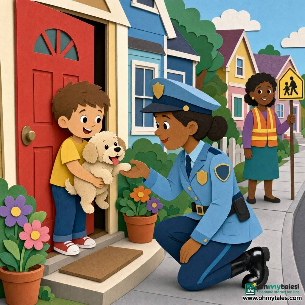 A smiling, gentle policewoman in a light-blue coat and matching cap kneels and reaches toward a small beige fluffy puppy while a six-year-old boy with short brown hair in a yellow t-shirt hugs the puppy outside his house, relieved and happy; the puppy wags its tail with its tongue out against the officer’s hand; in the background a female colleague holds a school crossing sign on the right sidewalk; the colorful neighborhood has pastel houses, gray sidewalks, an open small red door and potted flowers; the main scene shows the officer returning the puppy to the boy in a warm, reassuring moment with clean details, simple shapes, soft contrasts and paper-cut edges.