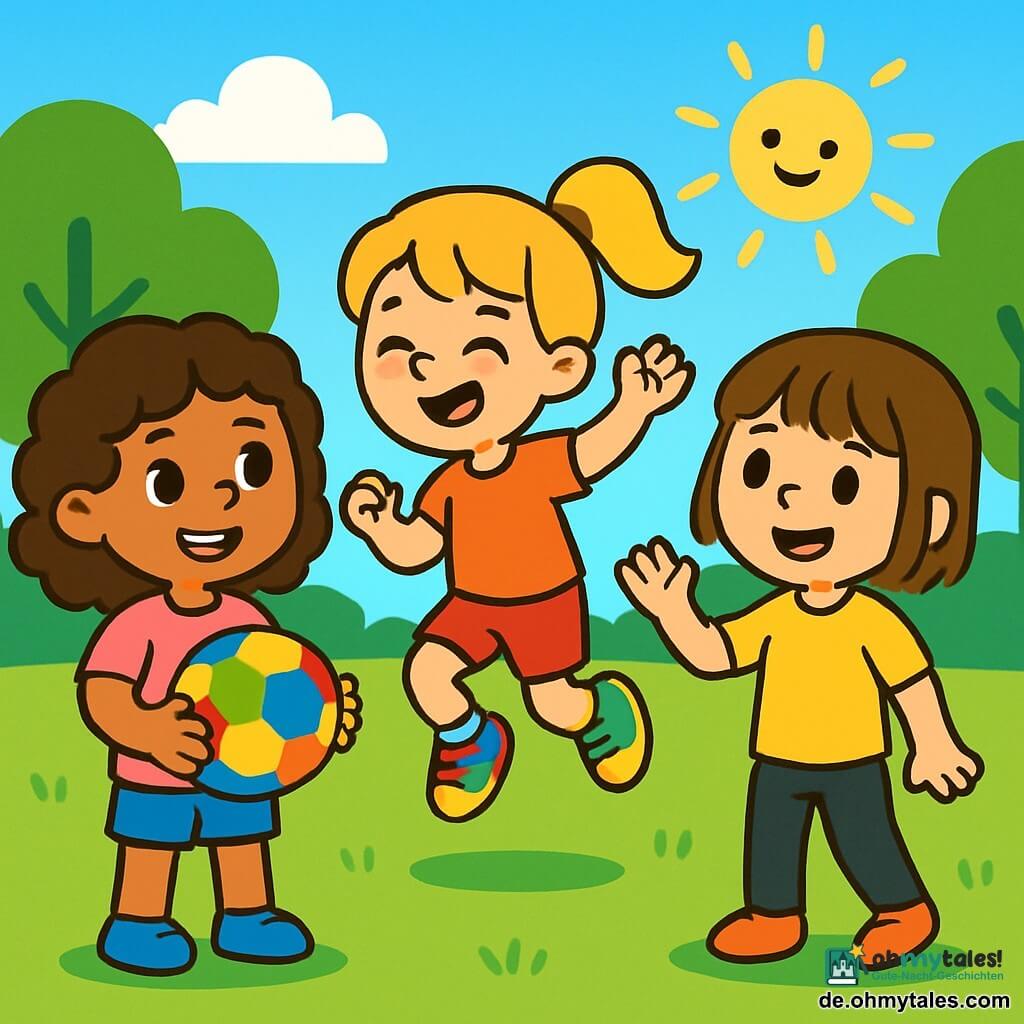 Es gibt 3 Charaktere: - Mila: ein 7-jähriges Mädchen mit braunen, lockigen Haaren, das ein rosa T-Shirt und eine blaue Shorts trägt. Sie hält einen bunten Fußball und lächelt fröhlich. - Emma: ein 6-jähriges Mädchen mit blonden, zu einem Pferdeschwanz gebundenen Haaren, das mehrfarbige Sportschuhe trägt. Sie springt vor Energie auf der Stelle. - Lilli: ein 7-jähriges Mädchen mit kastanienbraunen Haaren und einem Pony, das ein gelbes T-Shirt und schwarze Hosen trägt. Sie winkt und ist bereit zu spielen. Die drei Mädchen befinden sich auf einem grünen Fußballfeld, umgeben von grünen Bäumen und einem strahlend blauen Himmel. Die Sonne scheint und schafft eine fröhliche, helle Atmosphäre. Die Mädchen sind aufgeregt und bereit, zusammen Fußball zu spielen, lachen und ermutigen sich gegenseitig in einem Moment puren Glücks.