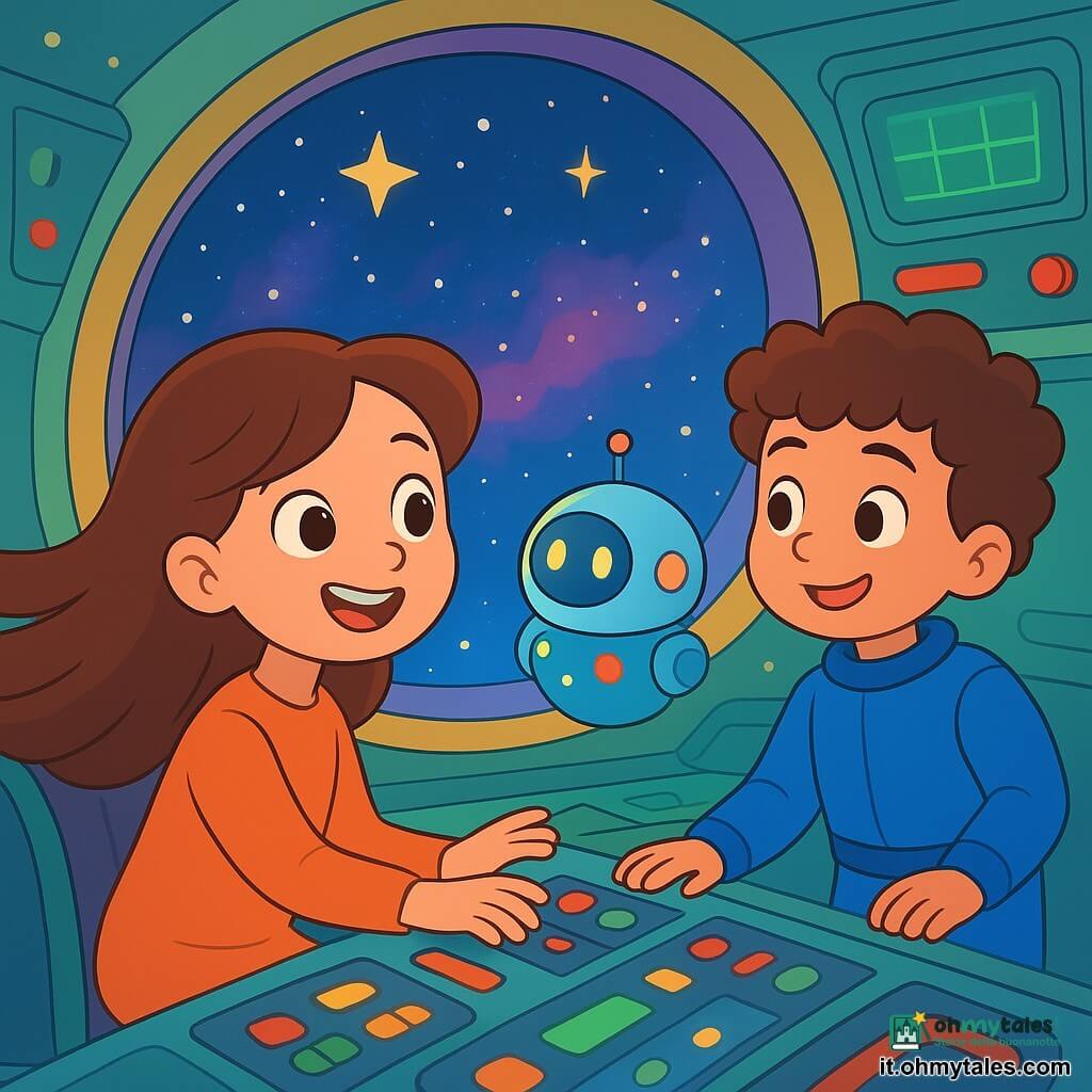 Una giovane donna di nome Mira, con lunghi capelli castani e un sorriso radioso, è seduta nel cockpit della sua navetta spaziale, il Girasole. Guarda con meraviglia attraverso un grande oblò, i suoi occhi brillanti di curiosità e gioia. Accanto a lei, un piccolo modulo spaziale, con luci lampeggianti e una forma rotonda, emette un bip dolce e rassicurante. Nella stanza, Amal, un ragazzo di circa 10 anni, si trova vicino a una console di controllo. Ha i capelli ricci e indossa una tuta spaziale blu. Sorride con orgoglio osservando Mira e il modulo, pronto ad aiutarli. Il cockpit del Girasole è pieno di luci colorate e pulsanti scintillanti. Stelle brillano all'esterno, creando uno sfondo magico di colori vivaci e nebulose. Mira e Amal lavorano insieme per riparare il modulo, creando un'atmosfera di avventura e amicizia. I loro volti sono illuminati dalla luce delle stelle mentre ascoltano attentamente i suoni del cosmo.