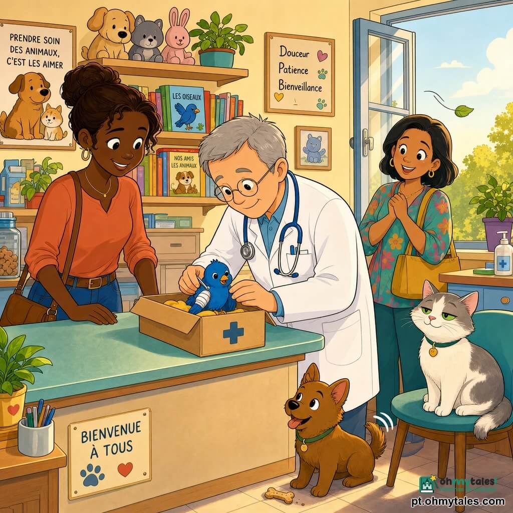 Um veterinário sorridente e calmo, rosto redondo, cabelo curto grisalho, óculos finos, jaleco branco limpo e estetoscópio azul, inclina-se sobre uma pequena caixa de papelão na mesa cuidando delicadamente de um pássaro. À esquerda, a dona de Mimi, mulher de 30–40 anos, cabelos castanhos presos e roupa casual, sorri com a mão na caixa; ao fundo à direita, a dona de Azulito, mulher de 25–35 anos em traje colorido, segura uma bolsa e observa agradecida. O gato Mimi, branco e cinza com olhos verdes semicerrados, está sentado numa cadeira perto do balcão; o cão Max, pequeno e castanho de orelhas pontiagudas, abana o rabo sentado no chão ao lado do veterinário, com um biscoito ao lado. Azulito, de plumagem azul viva, está na caixa aberta sobre a mesa com uma asa enfaixada com curativo branco. O consultório é acolhedor e colorido: paredes creme, prateleiras com livros ilustrados e peluches, grande janela aberta à direita com brisa e raios de sol dourados e um cartaz educativo de animais na parede. A cena mostra o veterinário cuidando do pássaro com suavidade; a janela faz voar uma folha e cria uma atmosfera fresca e reconfortante, enquanto as pessoas em torno da mesa adotam posturas benevolentes.