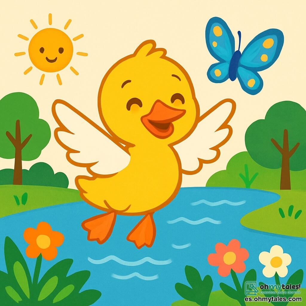 Un pequeño pato amarillo brillante llamado Plumita, con plumas suaves y brillantes, agita alegremente sus grandes alas blancas, sonriendo, flotando sobre un lago resplandeciente. A su lado, una mariposa azul deslumbrante, con alas delicadas y patrones dorados, vuela con gracia, animándolo a explorar. El lago está rodeado de árboles verdes exuberantes y flores coloridas bordean sus orillas, creando un paisaje encantador. En esta escena mágica, Plumita se eleva en el aire, descubriendo la belleza del mundo, mientras el sol brilla y la suave brisa acaricia sus plumas.