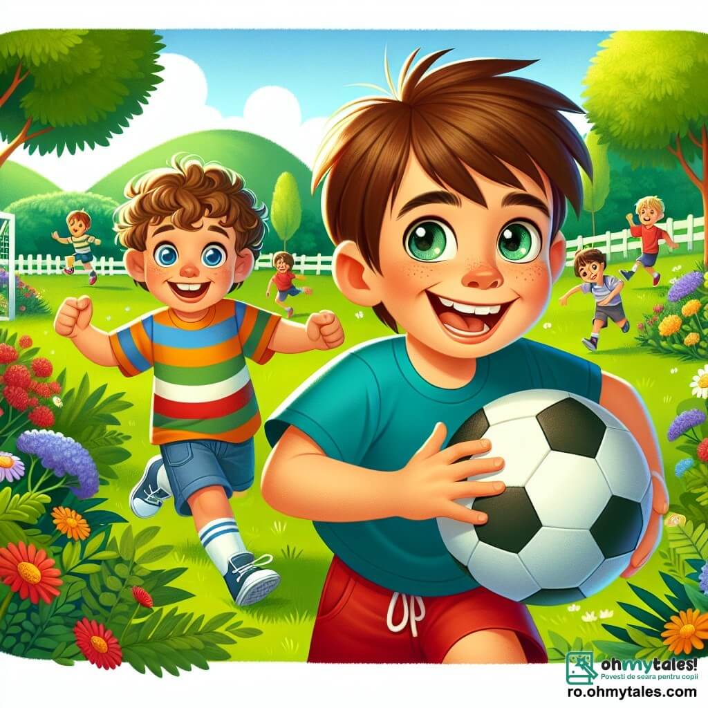 Un băiat de 10 ani, Andrei, cu părul brunet și ochi sclipitori, zâmbește vesel ținând un mingea de fotbal. Poartă un tricou albastru și o pereche de pantaloni scurți roșii, alergând pe un teren de joacă verde, plin de flori colorate. Lângă el, prietenul său Mihai, tot de 10 ani, are părul creț și un zâmbet larg. Poartă o cămașă cu dungi multicolore și pare pregătit să șuteze la poartă, cu brațele ridicate de entuziasm. Locul este un tabără de vară în natură, înconjurată de copaci mari și dealuri blânde, cu copii care se joacă și râd în fundal. Situația principală îi arată pe Andrei și Mihai în acțiune, pregătindu-se să joace fotbal împreună, simbolizând prietenia lor în devenire și bucuria de a împărtăși momente fericite.