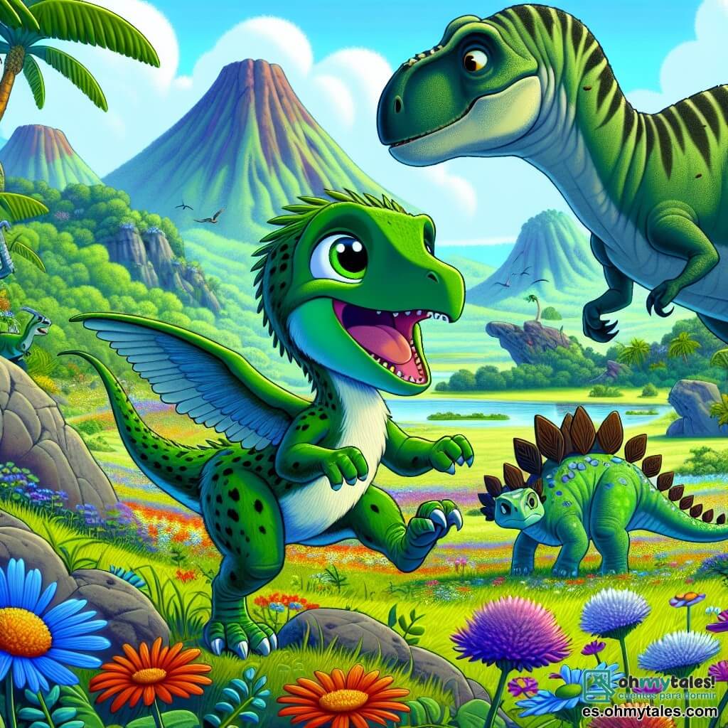 Un velociraptor llamado Rápido, con plumas verdes y ojos brillantes, muestra gran curiosidad y emoción mientras explora un paisaje prehistórico. Corre alegremente a través de un campo de flores coloridas, levantando pétalos multicolores con sus patas ágiles. A su lado, un bebé estegosaurio llamado Espina, con espinas en la espalda y una mirada triste, se encuentra cerca de una gran roca, buscando a su mamá. En el fondo, una mamá estegosaurio masiva, con piel verde y ojos dulces, se inclina para consolar a su pequeño. El escenario es un hermoso valle lleno de volcanes dormidos, grandes árboles verdes y un cielo azul brillante, creando una atmósfera de aventura y descubrimiento. La situación principal muestra a Rápido y sus amigos uniendo fuerzas para ayudar a Espina a encontrar a su mamá, ilustrando la importancia de la amistad y la solidaridad.
