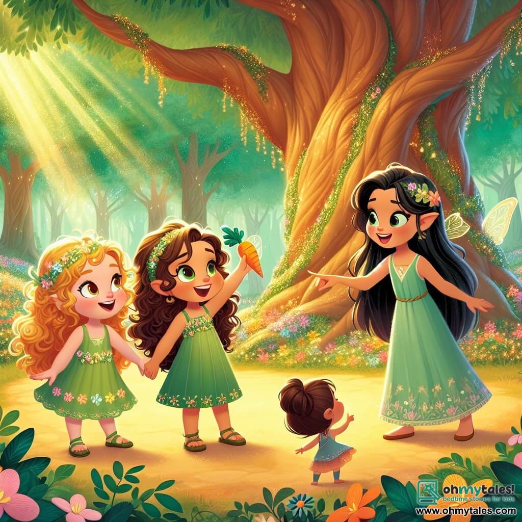 In an enchanted clearing, three girls stand together, ready for adventure. Lily, an 8-year-old with curly golden hair, wears a green dress adorned with flowers and smiles enthusiastically, arms raised as if inviting exploration. Mia, a 9-year-old with sparkling eyes and brown hair, leans forward holding a carrot in one hand, with a mischievous look on her face. Zara, the oldest at 10, has long black hair and wears a blue tunic. She stands tall with a determined expression, pointing towards a majestic tree in the center of the clearing. The scene is bathed in golden light, with trees having shimmering leaves and colorful flowers dancing in the breeze. The large tree, Eldergrove, has a wide, gnarled trunk and leaves that seem to whisper secrets. The main situation shows the girls surrounded by light, laughing and playing, while a mischievous sprite, Gloomy, stands aside holding a glowing crystal, his face a mix of curiosity and hesitation.