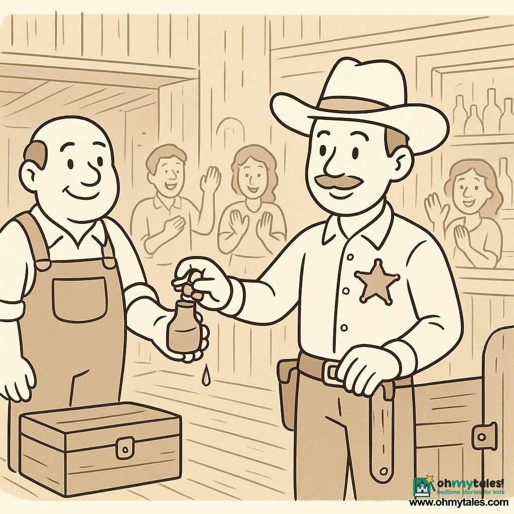 Sheriff Sam stands center, smiling and focused, wearing a large round hat and a big star, applying oil from a small bottle to a saloon door hinge while Farmer Joe to his left offers the bottle near a wooden chest; villagers in the background applaud; inside the saloon are textured wood floors and walls, benches and a counter, soft rays of light, visible hinge sketch and oil drops; calm, joyful small Wild West scene in clear line art with simple contours, child-friendly for young children.