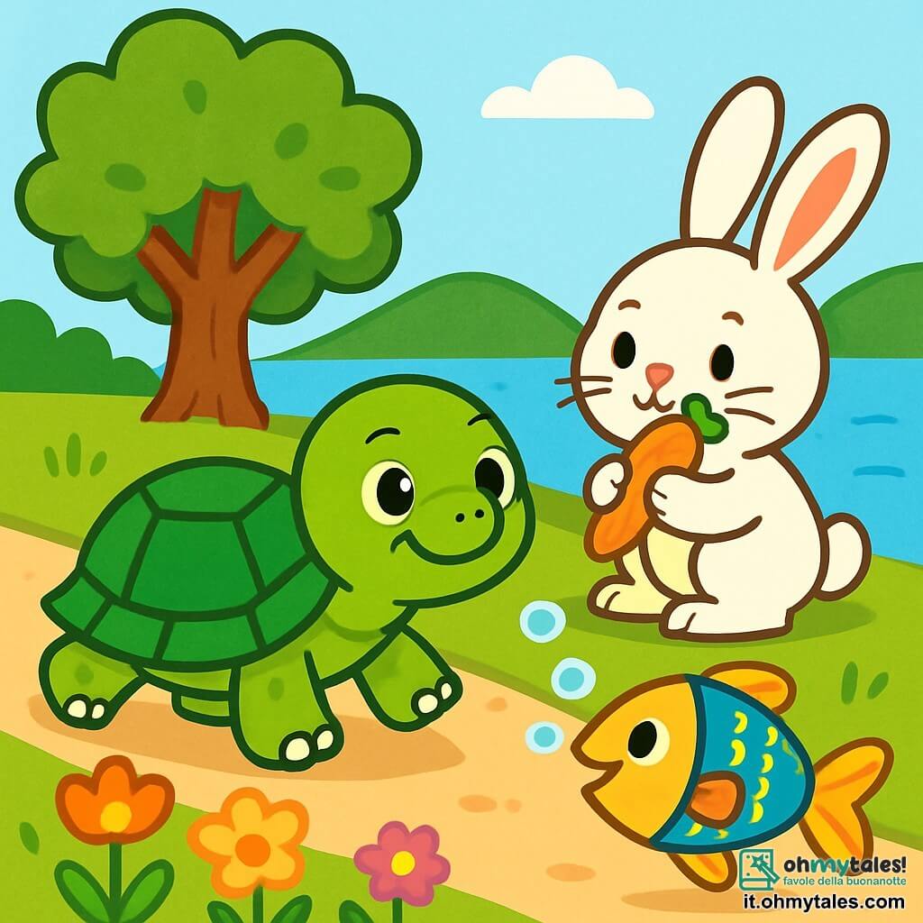 Una piccola tartaruga di nome Tina, con un guscio verde brillante e occhi pieni di determinazione, avanza lentamente su un sentiero di terra, mostrando un'espressione di orgoglio e gioia. Accanto a lei, un coniglio dalle grandi orecchie, con pelo bianco e occhi maliziosi, si ferma a mangiare una carota croccante, guardando Tina con ammirazione. Un pesce colorato, con squame scintillanti di blu e giallo, nuota felicemente nel lago, incoraggiando Tina con bolle d'aria. Sullo sfondo, un grande albero con foglie verdi lussureggianti si erge lungo il lago, mentre fiori colorati costeggiano il sentiero. La scena mostra Tina che avanza con determinazione verso l'albero, mentre i suoi amici la osservano con entusiasmo, celebrando il suo coraggio e la sua perseveranza.