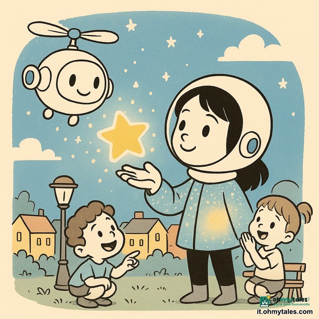 Zara Zefira, eroina dal volto gioioso e deciso, capelli neri lisci, casco tondo lucente e corto mantello scintillante, soffia dolcemente una stella luminosa dalla mano aperta verso un drone rotondo e spazioso a sinistra che, con grande schermo sorridente, perde piccole sfere stellari e fluttua sopra i tetti; a destra su una panchina una bimba di 5 anni con codini applaude stupita, davanti Zara un bimbo di 4 anni dai ricci ride e indica le stelle accovacciato vicino a un lampione basso; sfondo di tetti bassi e case colorate, piccolo parco erboso in primo piano e cielo blu notte con nuvole morbide e stelline che cadono come coriandoli; scena calda e rassicurante, vento mostrato da tratti curvi mentre Zara riporta la stella al drone.