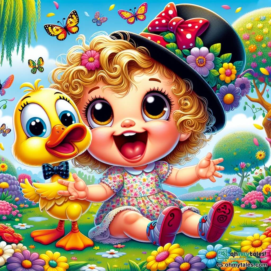 Una niña de 1 año, Lila, con cabello rizado y dorado, grandes ojos brillantes de alegría, está sentada en un jardín colorido riendo a carcajadas. Lleva un vestido de flores y sostiene un pequeño juguete en forma de pato. A su lado está Pato Pipo, un pato divertido con un gran sombrero negro y una pajarita roja, que baila alegremente sobre sus patas. Su sonrisa es contagiosa y parece listo para hacer reír aún más a Lila. El jardín está lleno de flores brillantes, mariposas revoloteando y un cielo azul claro con nubes esponjosas. Al fondo, se ve un gran árbol con ramas extendidas que ofrece sombra y una atmósfera mágica. La escena principal muestra a Lila y Pato Pipo riendo juntos mientras un enorme helado colorido, con sabores de fresa, chocolate y vainilla, comienza a bailar y balancearse, creando una escena alegre y llena de vida.