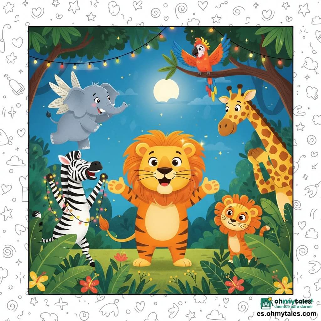 Un león llamado Leo, rostro redondo y gran melena dorada brillante, sonríe maravillado en el centro con un disfraz improvisado de tigre y patas delanteras abiertas como recibiendo a sus amigos; a su izquierda la cebra Zazú, rayas negras y blancas, ríe sosteniendo guirnaldas; a la derecha el gato Gato, pelaje rojizo y travieso, lleva una máscara de león demasiado grande y se esconde tras un arbusto; sobre ellos el loro Pipo, de plumas vivas, aletea desde una rama; al fondo a la derecha la jirafa Juana, manchada, hace una reverencia cómica; a la izquierda Ema, la elefanta gris, lleva torpemente alas de papel y da un pequeño salto; la fiesta ocurre de noche en un claro de jungla con hojas oscuras, hojas de plátano, flores y guirnaldas luminosas bajo la luna, todos los animales disfrazados se maravillan y ríen alrededor de Leo en un ambiente alegre y colores cálidos con rasgos simples y expresiones exageradas para enfatizar el humor.