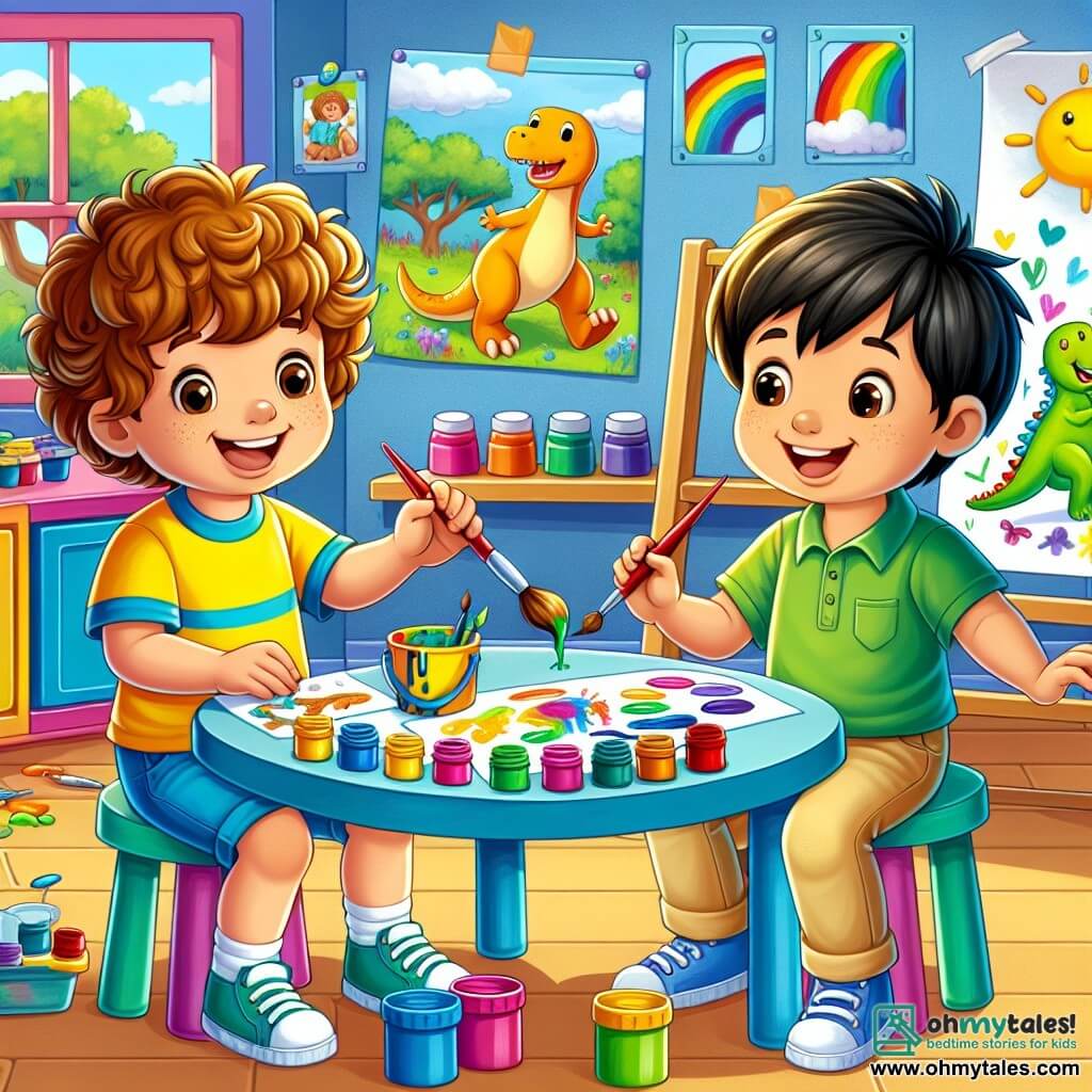 A 3-year-old boy named Benny, with curly brown hair, joyfully smiles while holding a colorful brush. He wears a bright yellow t-shirt and blue shorts, sitting at a painting table surrounded by vibrant paint pots. Next to him, Sam, also 3 years old with straight black hair, gazes in awe at a dinosaur drawing he just made. Sam is dressed in a green t-shirt and beige pants, standing a bit back but his face lights up with happiness. The setting is a bright classroom at Rainbow Academy, with colorful walls, children's drawings hanging up, and sunlight streaming through the windows, creating a warm atmosphere. The main scene shows Benny and Sam painting together, sharing laughter and colors, creating an imaginary world filled with dinosaurs and joy, symbolizing their new friendship.
