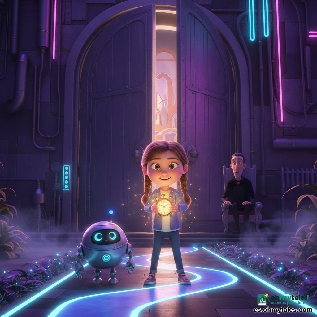 Una niña de 4 años, Lila, sonriente y orgullosa, con coletas castaño claro y ojos grandes, sostiene un pequeño reloj antiguo que brilla en dorado frente a la gran puerta del castillo; a su izquierda está Zappy, un robot pequeño y redondo de carrocería plateada con luces azules que proyecta un camino luminoso; el villano, hombre de 35–45 años, delgado y con capa negra, aparece sorprendido y retrocede sentado junto a un trono metálico; lugar: entrada de un castillo futurista de metal cepillado con puertas abiertas, neones violetas y azules, humo ligero, plantas luminosas y suelo reflectante; situación: Lila ha ganado una carrera y alza el Reloj del Tiempo mientras Zappy ilumina la salida en una escena dinámica al crepúsculo con contrastes cálidos y fríos.