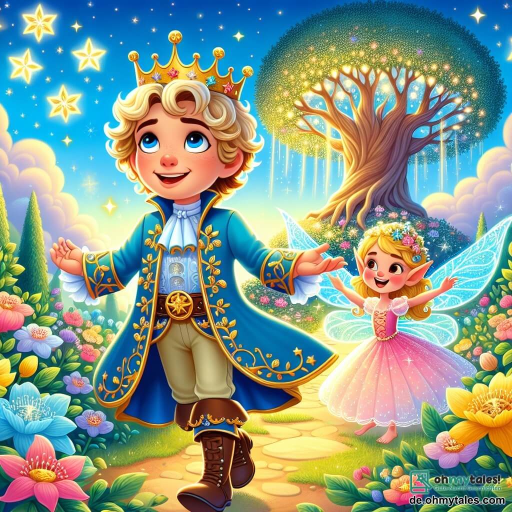 Ein junger Prinz namens Emil, etwa 7 Jahre alt, steht im Zentrum eines magischen Gartens mit einem großen, bewundernden Lächeln auf seinem Gesicht. Er trägt eine blaue Tunika, die mit goldenen Sternen verziert ist, und eine funkelnde Krone auf dem Kopf. Seine lockigen blonden Haare glänzen in der Sonne. An seiner Seite fliegt eine kleine Elfe namens Lila, etwa 5 Jahre alt, fröhlich in der Luft. Sie hat kleine durchsichtige Flügel, die wie Diamanten funkeln, und trägt ein rosa Kleid aus Blütenblättern. Der Garten ist mit bunten Blumen, großen Bäumen mit goldenen Blättern und einem blauen Himmel mit bauschigen Wolken gefüllt. Im Hintergrund scheint ein großer majestätischer Baum mit einem dicken Stamm und ausladenden Ästen Geheimnisse zu flüstern. Emil und Lila stehen vor einer mit Edelsteinen verzierten Holztür, bereit, sich in eine geheime Welt zu öffnen. Sie sind voller Aufregung und Neugier, bereit, den verborgenen Schatz des verzauberten Gartens zu entdecken.