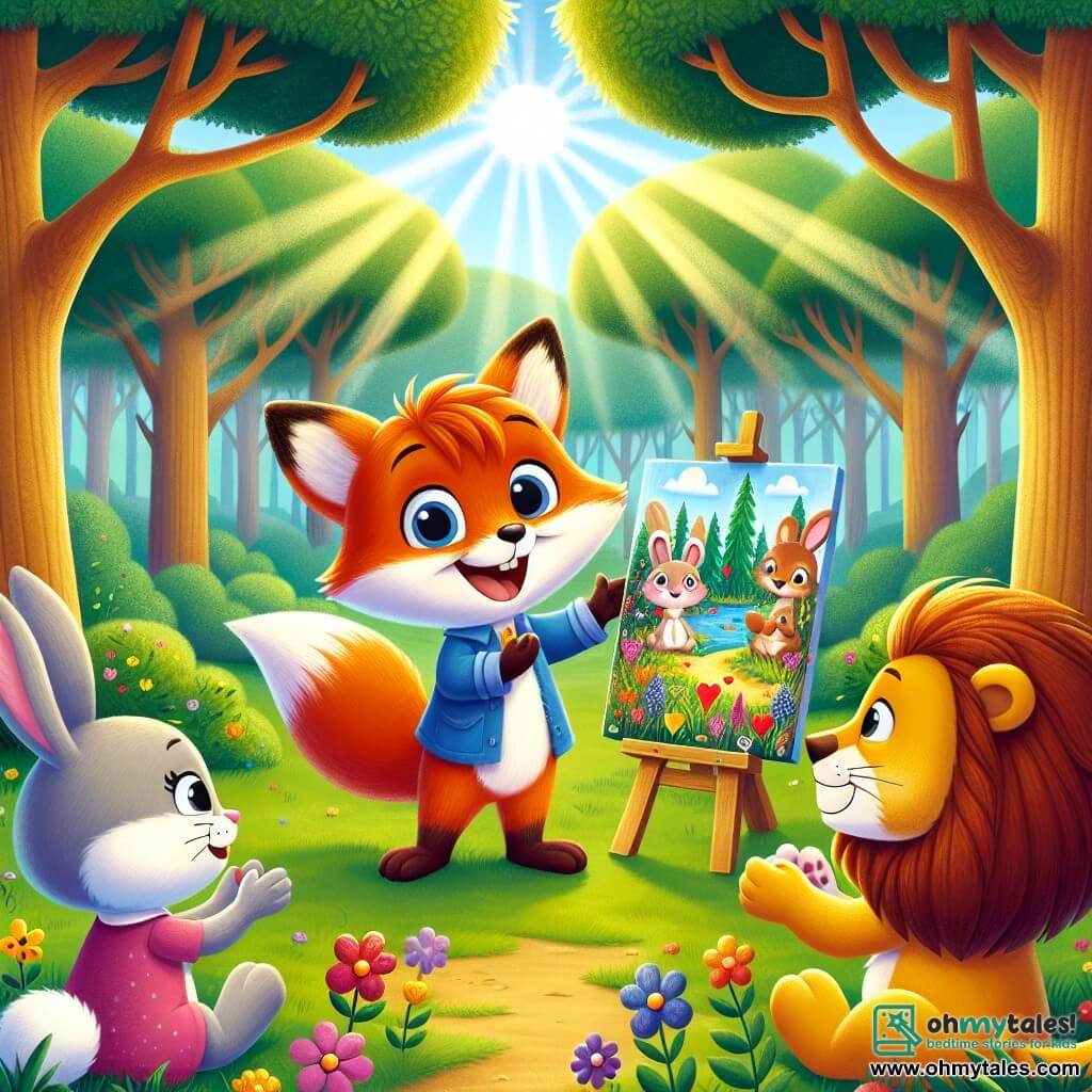 A young fox named Felix, with bright orange fur and a white tail, stands at the center of the scene, displaying a big smile of joy and pride. He is presenting a colorful painting of the forest filled with hearts to his friends. To his right, Bella the bunny, with long ears and sparkling eyes, enthusiastically claps her front paws in support. On the left, Leo the lion cub, with his golden mane and friendly look, smiles and encourages Felix, sitting on the green grass surrounded by colorful flowers. The setting is a sunny clearing in the forest, with majestic trees and vibrant flowers swaying in the breeze. Sunlight filters through the branches, creating a warm and welcoming atmosphere. The main scene shows Felix surrounded by his friends, celebrating his creativity on a special day dedicated to art and friendship, where everyone shares their talents and support, illustrating the strength of collaboration in facing challenges.
