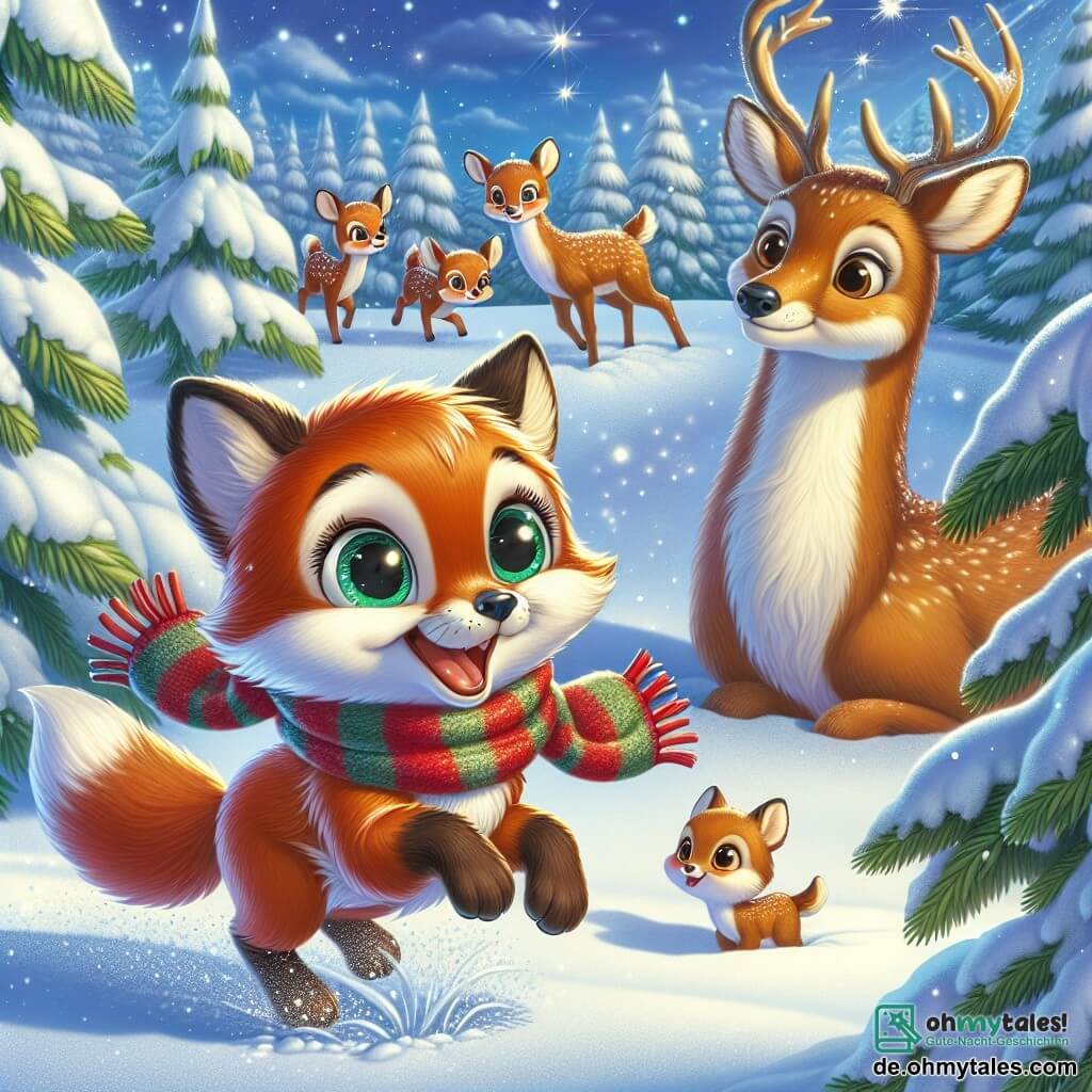 Ein kleiner Fuchs mit funkelnden Augen und glänzendem rotem Fell, um den Hals ein buntes Tuch, springt fröhlich im Schnee und hinterlässt eine Spur kleiner Fußabdrücke. Er hat ein großes Lächeln im Gesicht, das seine Neugier und Begeisterung für den Winter ausdrückt. In der Nähe beobachtet eine Gruppe majestätischer Rehe mit großen Geweihen und sanften Augen den Fuchs wohlwollend. Sie scheinen amüsiert und neugierig, stehen nahe einer großen, schneebedeckten Tanne, ihre Köpfe geneigt zum kleinen Fuchs. Die Szenerie ist eine wunderschöne Winterlandschaft mit hohen, majestätischen Bäumen, deren Äste mit funkelndem Schnee unter dem Sonnenlicht beladen sind. Der Boden ist mit einer dicken Schicht makellosen Schnees bedeckt, und sanfte Schneeflocken fallen vom hellblauen Himmel. Die Hauptsituation zeigt den Fuchs, der im Schnee spielt und die Magie des Winters entdeckt, während die Rehe ihn freundlich beobachten und eine warme, fröhliche Szene im Herzen der verschneiten Natur schaffen.